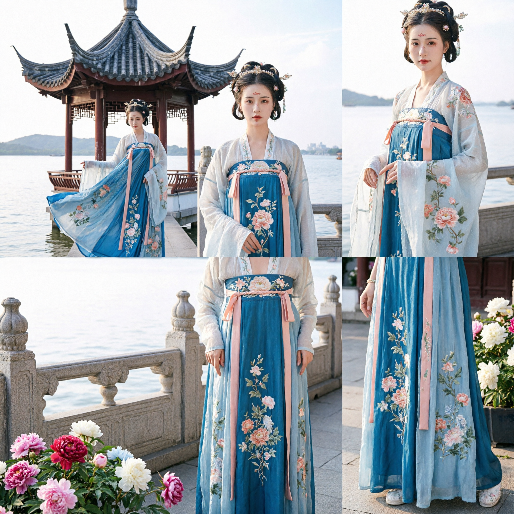 Robe Hanfu bleue élégante de la dynastie Tang, costume traditionnel chinois brodé de fleurs pour femmes pour photographie et cosplay - Asian Costume