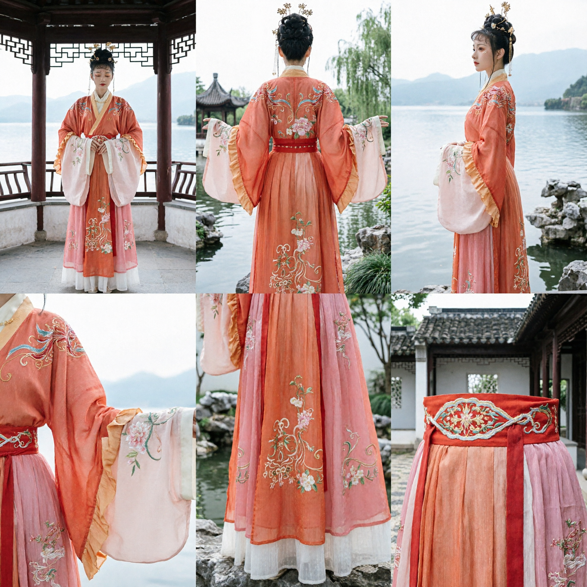 Elegantes chinesisches traditionelles Hanfu-Antikkostüm für Damen, orangefarbenes verlaufendes besticktes Kleid für Fotoshootings - Asian Costume