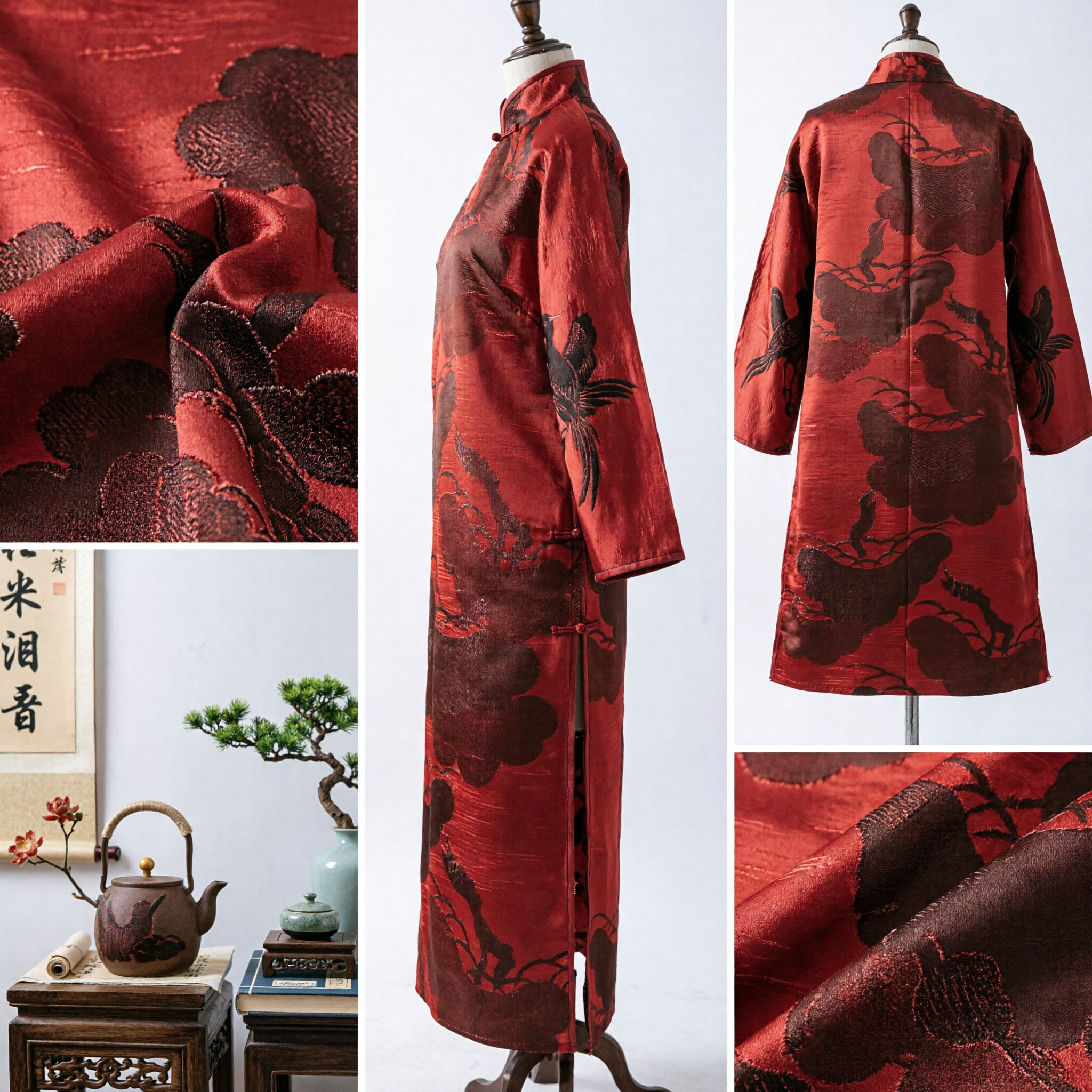 Traditioneller chinesischer roter Seidenbrokatstoff mit Kiefernmuster für Hanfu-Kostüm- und Tang-Anzug-Herstellung - Asian Costume