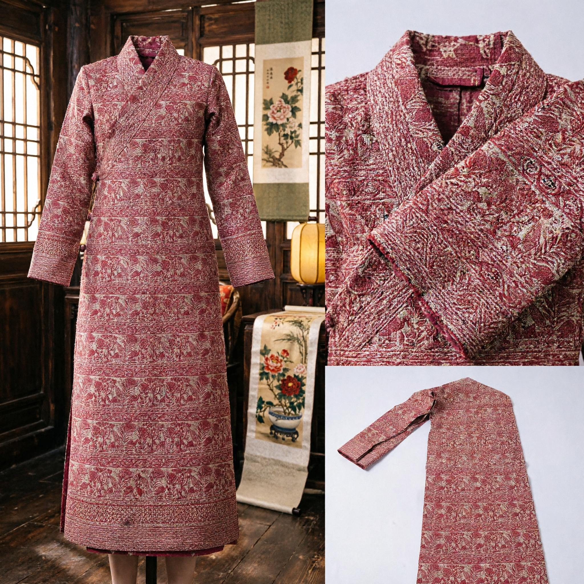 Traditioneller chinesischer roter Stoffgürtel mit floralen Vogelmustern für Hanfu-Kostümzubehör und kulturelle Veranstaltungen - Asian Costume