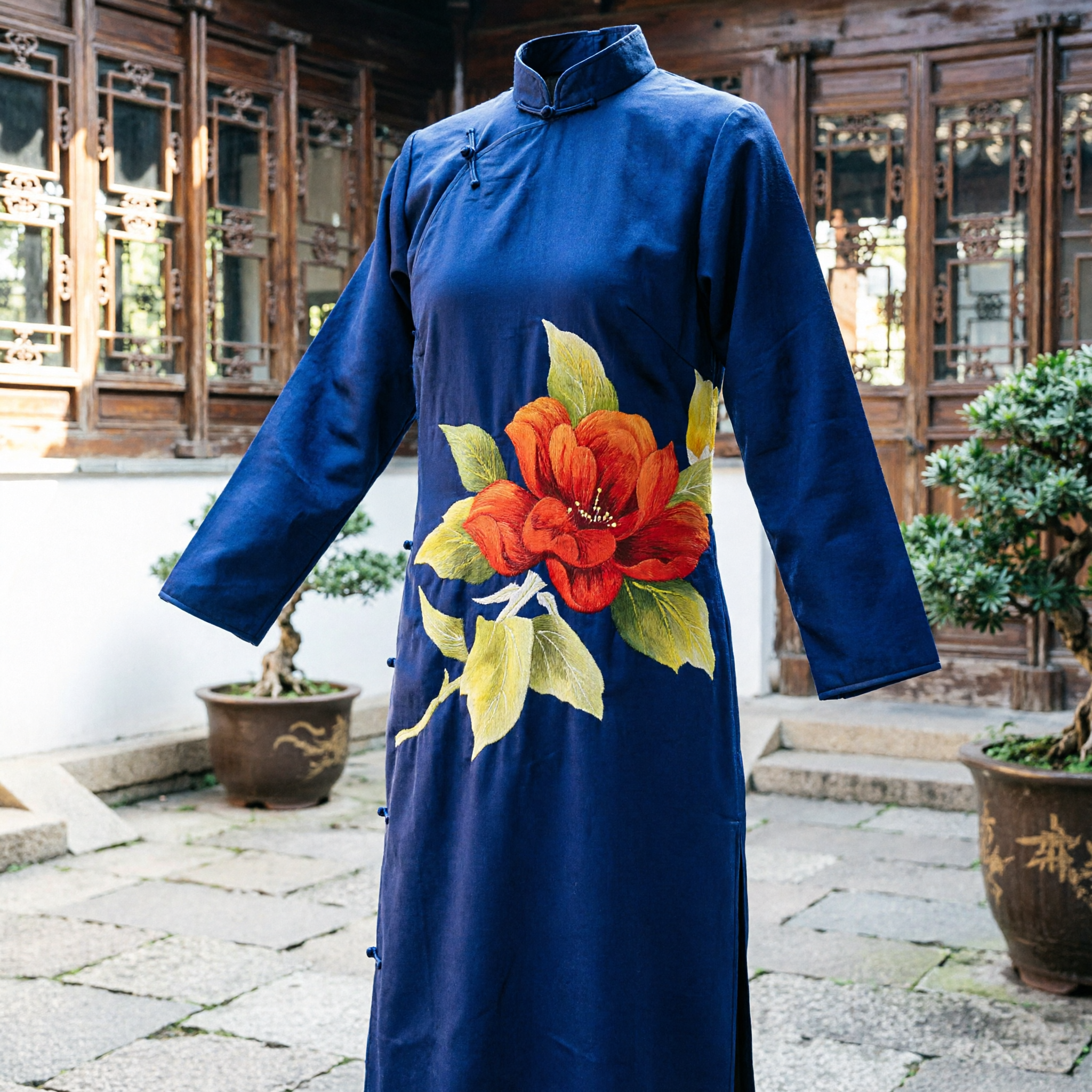 Elegante Pañuelo de Seda Azul Real con Bordado de Peonía, Accesorio Tradicional Chino para Qipao de Mujer - Asian Costume