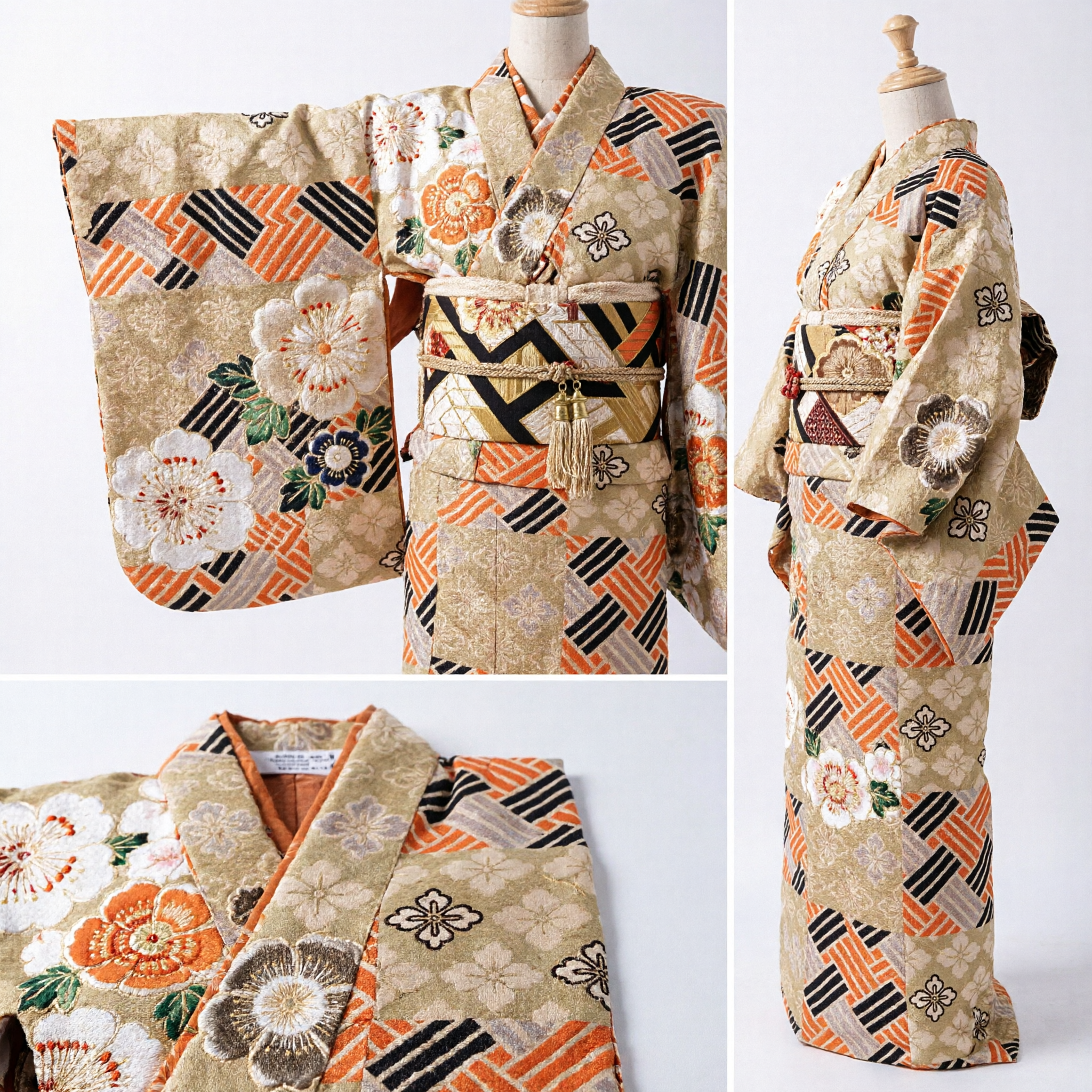Elegante Obi per Kimono Giapponese Tradizionale con Motivi Floreali Dorati e Pattern Geometrici Arancioni per Donne - Asian Costume