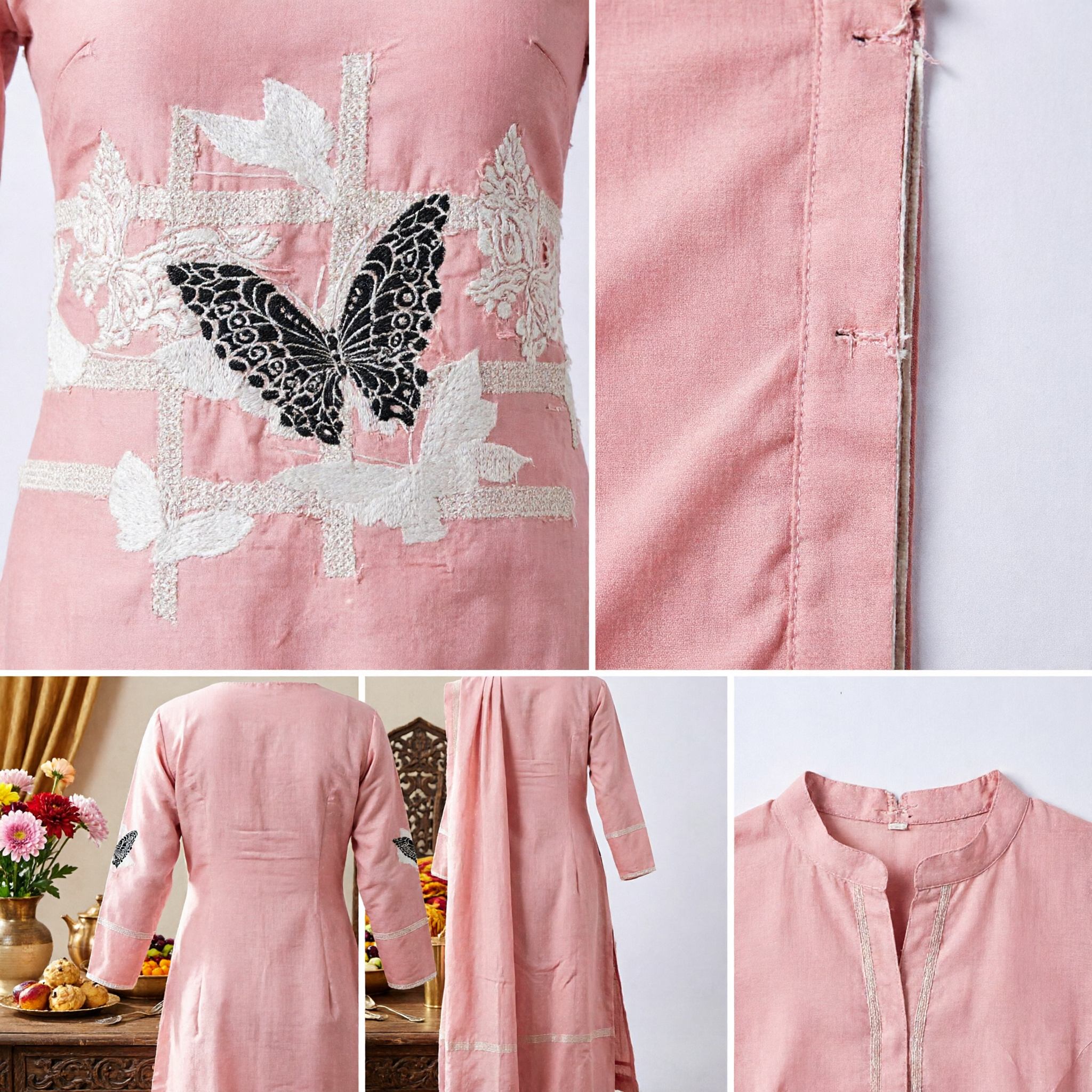 검정 나비 자수 장식, 여성을 위한 우아한 전통 중국 한푸 치파오 액세서리 분홍색 실크 스카프 - Asian Costume