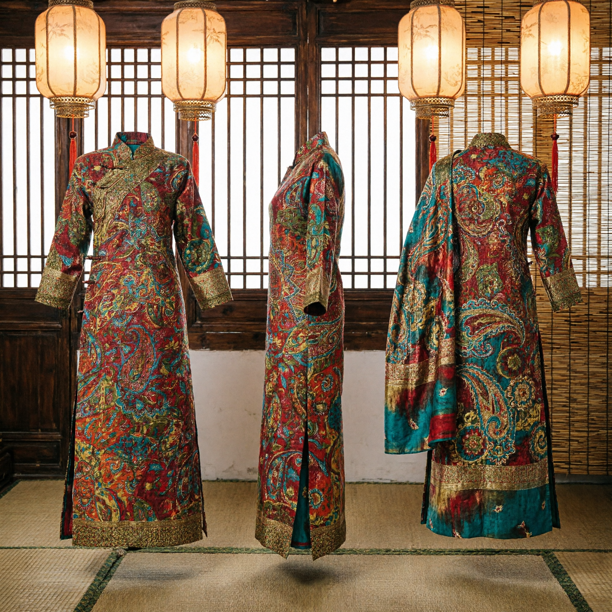 Tradycyjna chińska czerwona jedwabna tkanina brokatowa z żywym wzorem paisley do szycia stroju Hanfu i dekoracji - Asian Costume