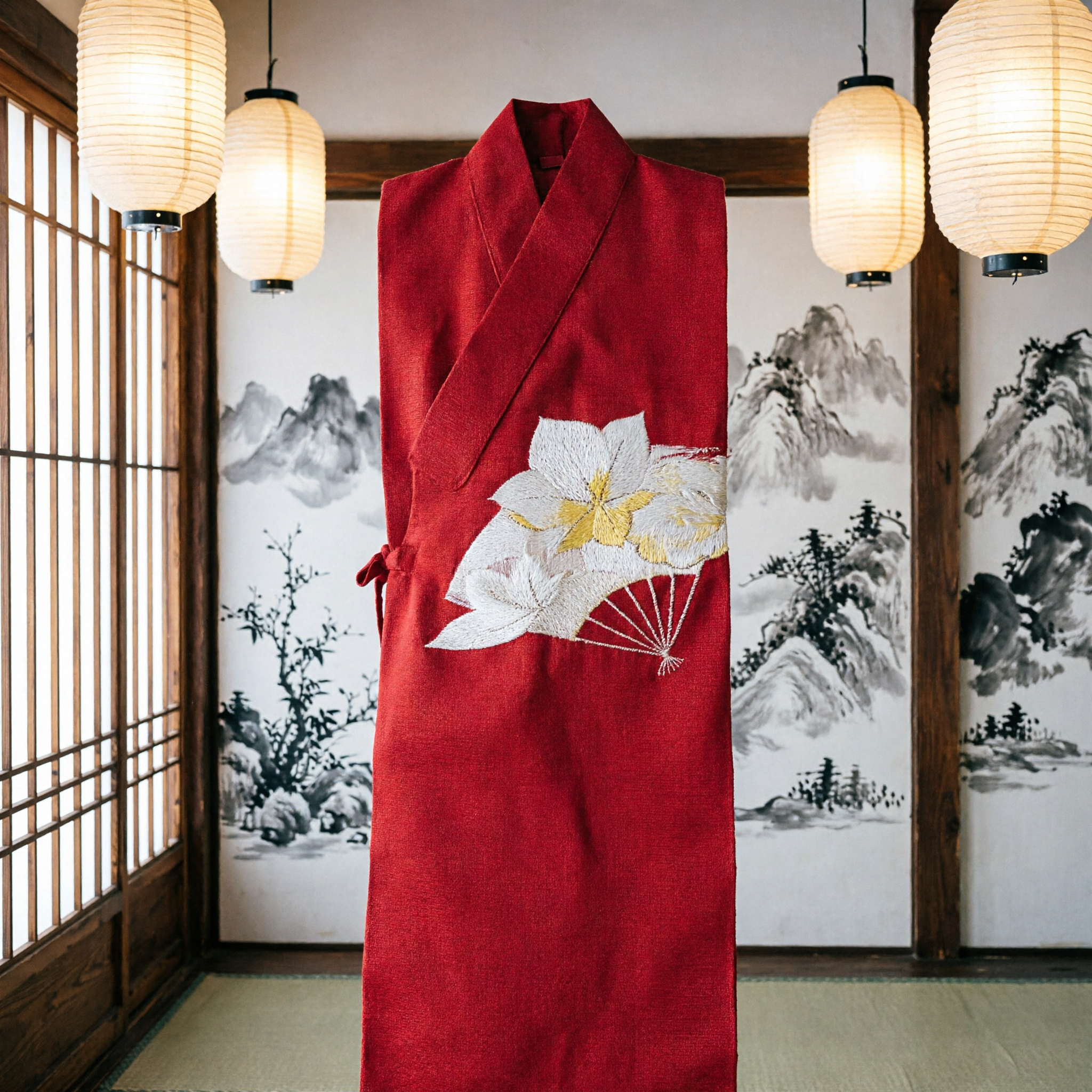 Traditioneller chinesischer roter Seiden-Gürtel mit eleganter Fächerstickerei für Frauen-Hanfu-Kostüm bei Hochzeiten und Tänzen - Asian Costume
