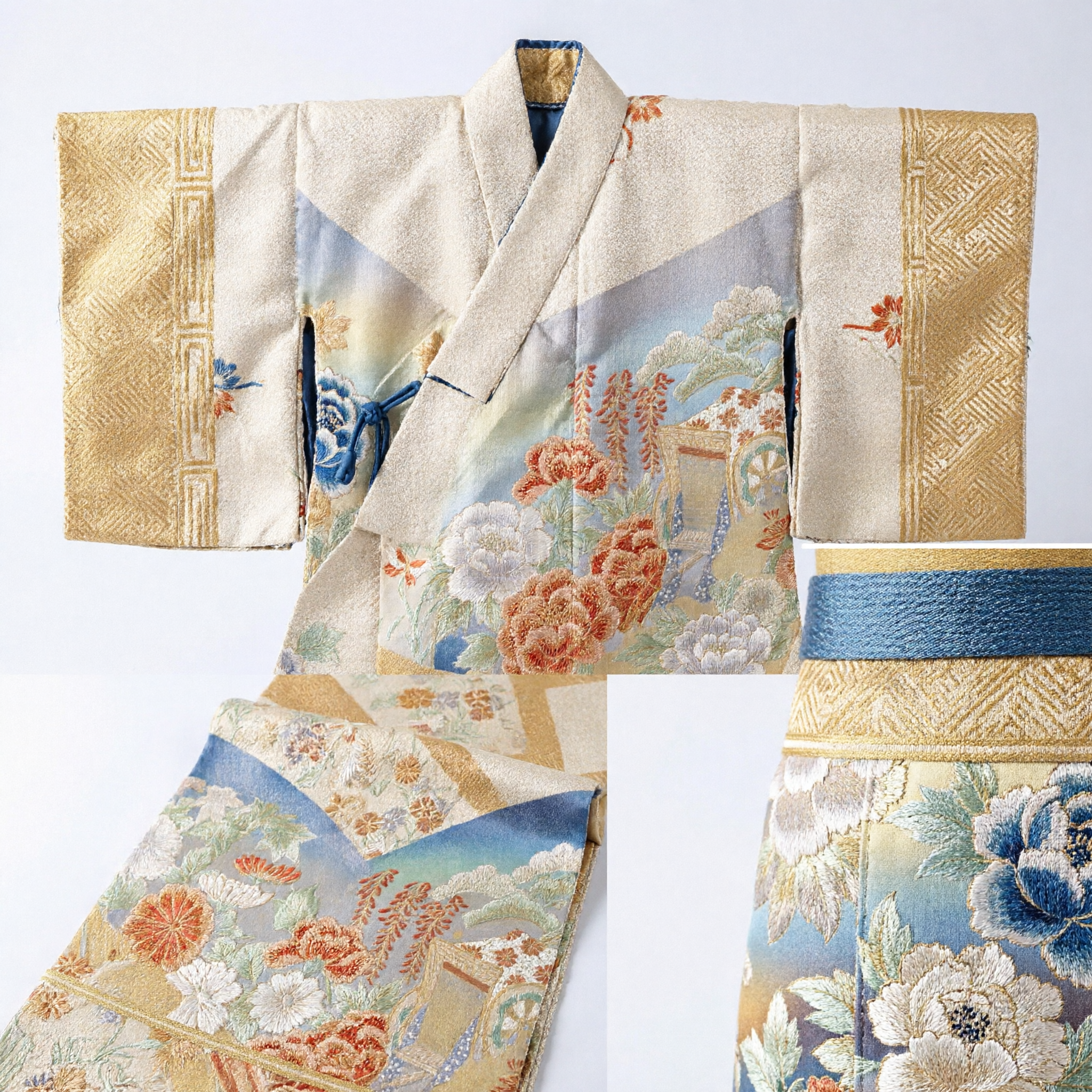 Elegante Traditionele Japanse Zijden Kimono Obi Sjerp Gouden Bloemenwaaier Ontwerp voor Vrouwen Formele Kleding - Asian Costume