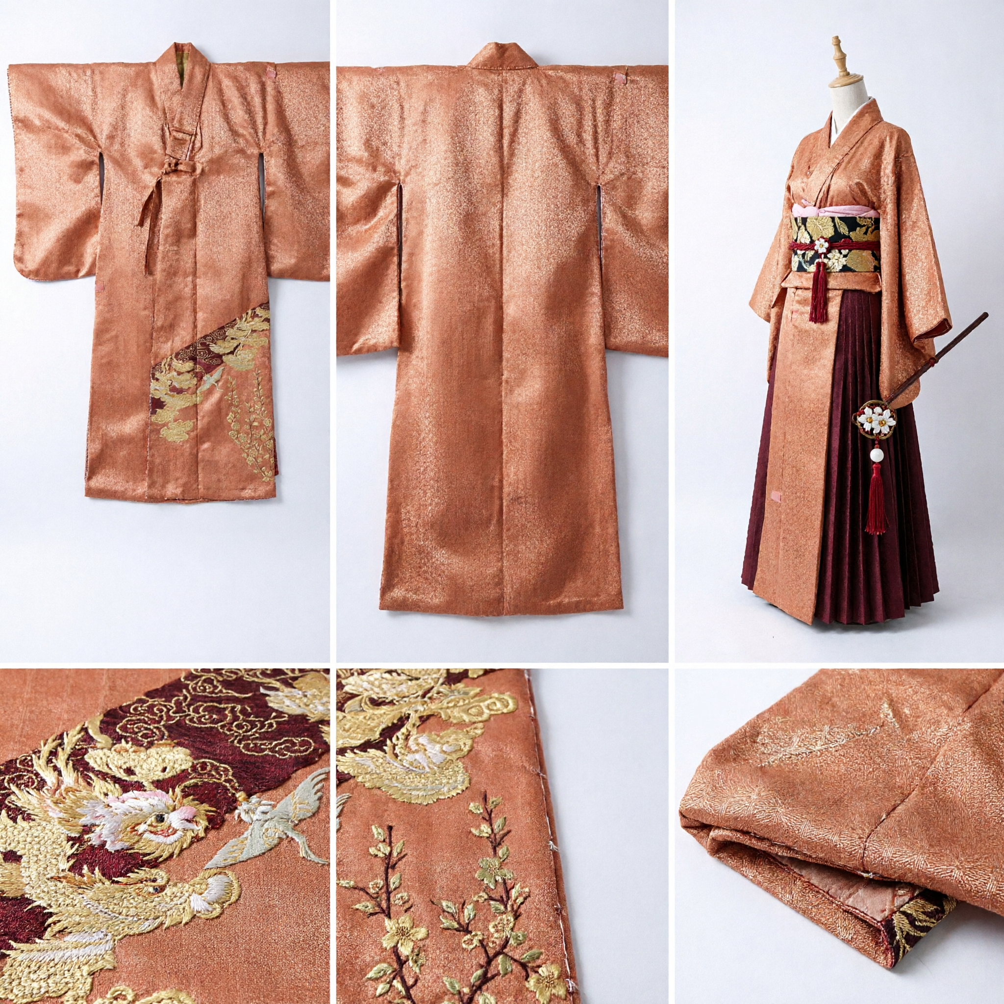 Tecido Brocado Laranja Chinês Tradicional com Motivo de Pinheiro Dourado para Costura DIY de Robe e Faixa Hanfu - Asian Costume