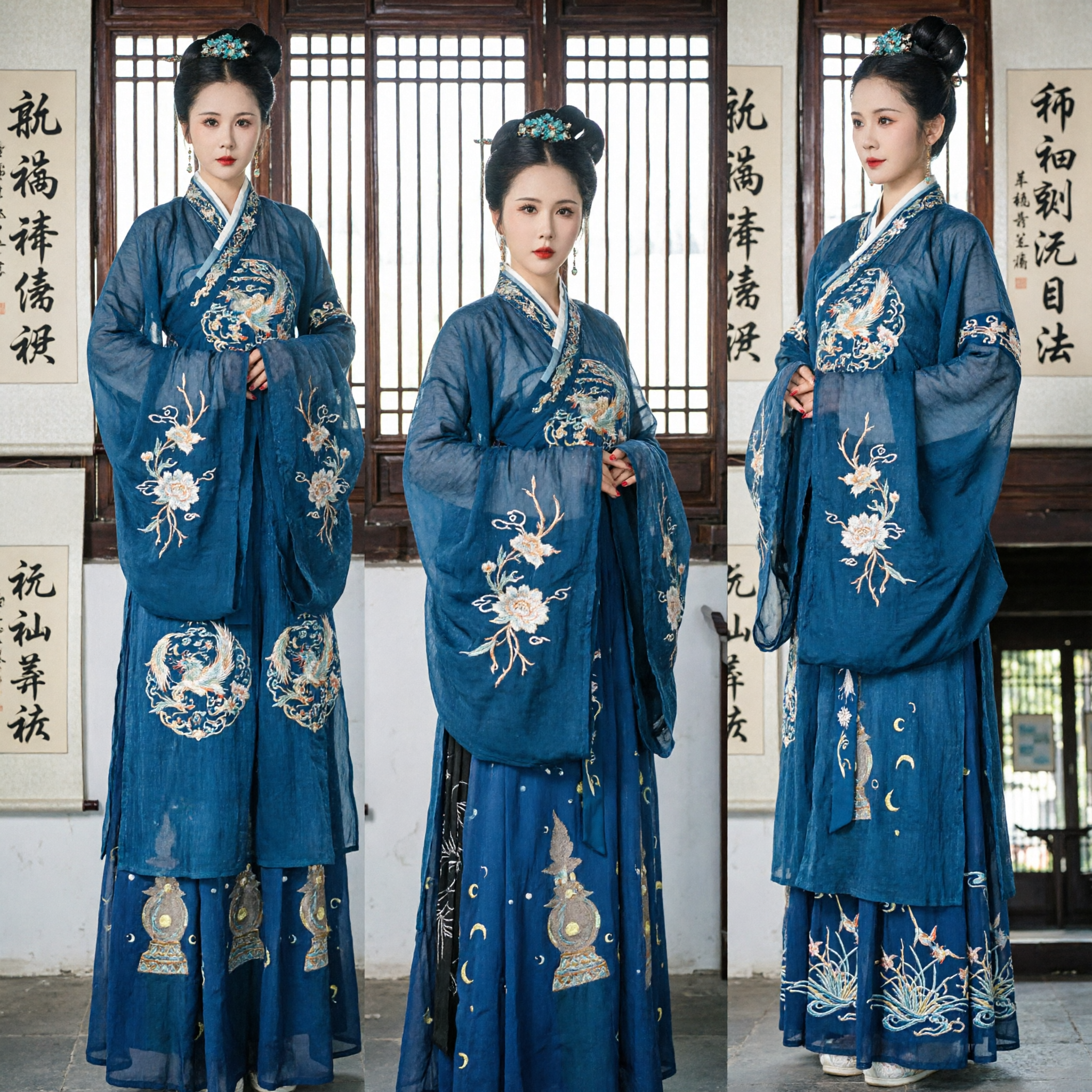 Elegant Blauw Traditioneel Chinees Hanfu Jurk Antiek Song-dynastie Geborduurde Wijdmouw Kostuum voor Podiumoptreden - Asian Costume