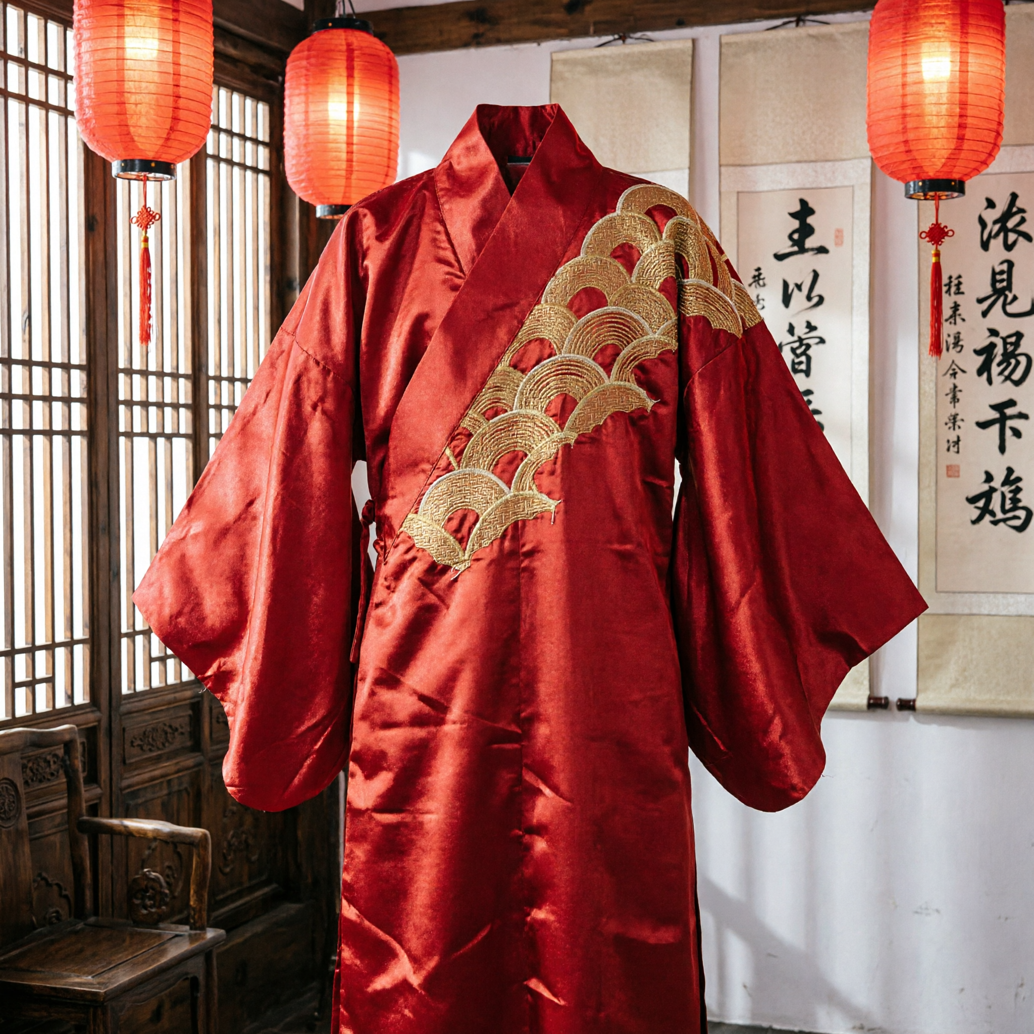 Fascia Rossa Cinese Tradizionale con Ricamo Dorato a Motivo di Onde per Costumi Hanfu e Arti Marziali - Asian Costume
