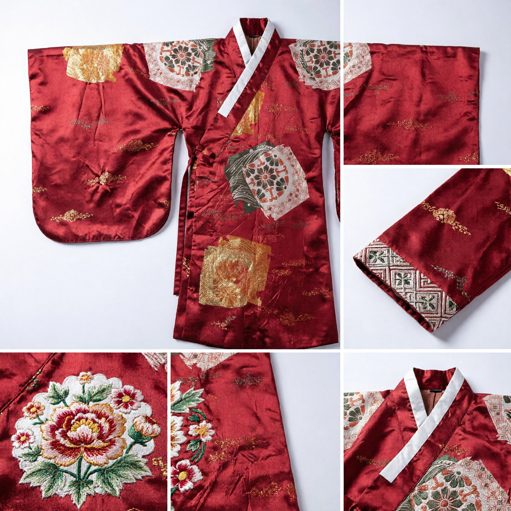 Faixa de Brocado de Seda Vermelha Asiática Tradicional com Padrões de Leque Dourado para Kimono e Hanfu Feminino - Asian Costume