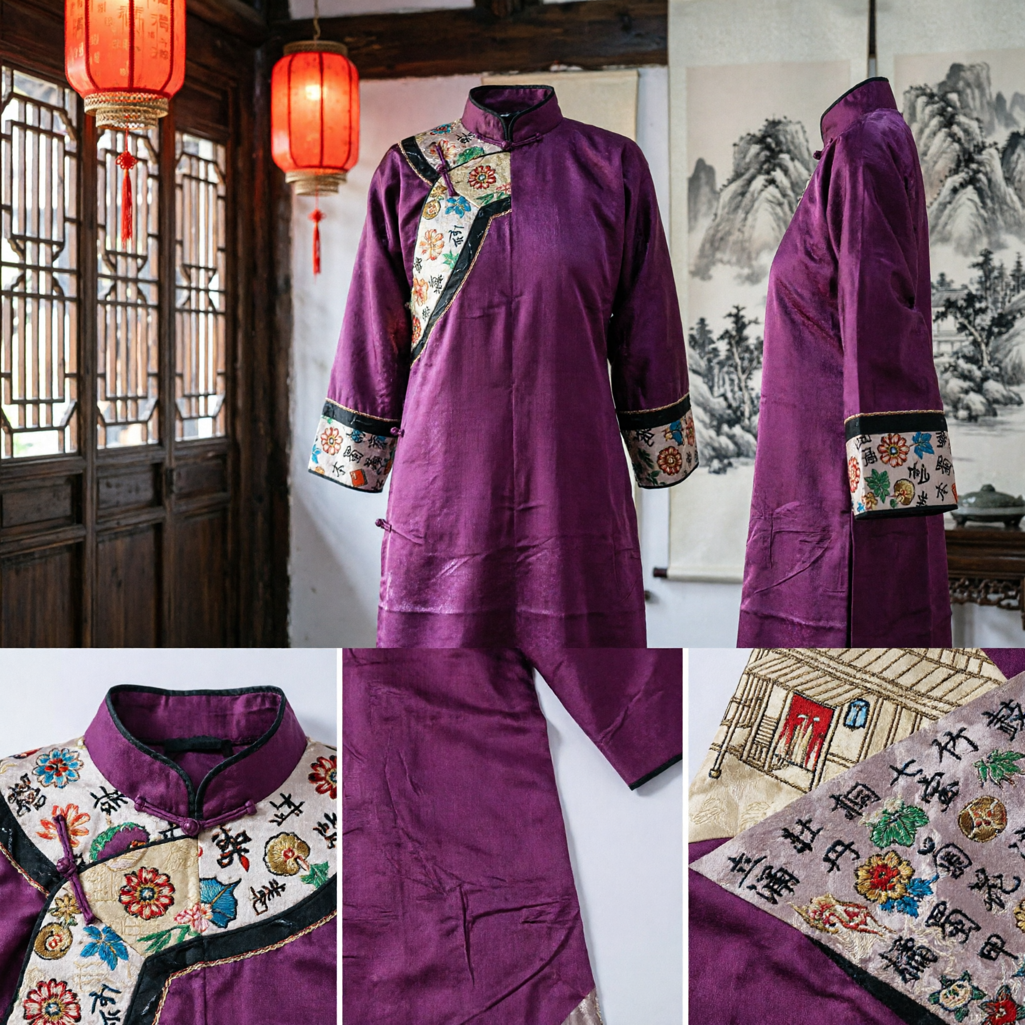 Faixa de Seda Roxa para Hanfu Chinês Tradicional com Estampa de Caligrafia e Arquitetura para Traje Feminino - Asian Costume