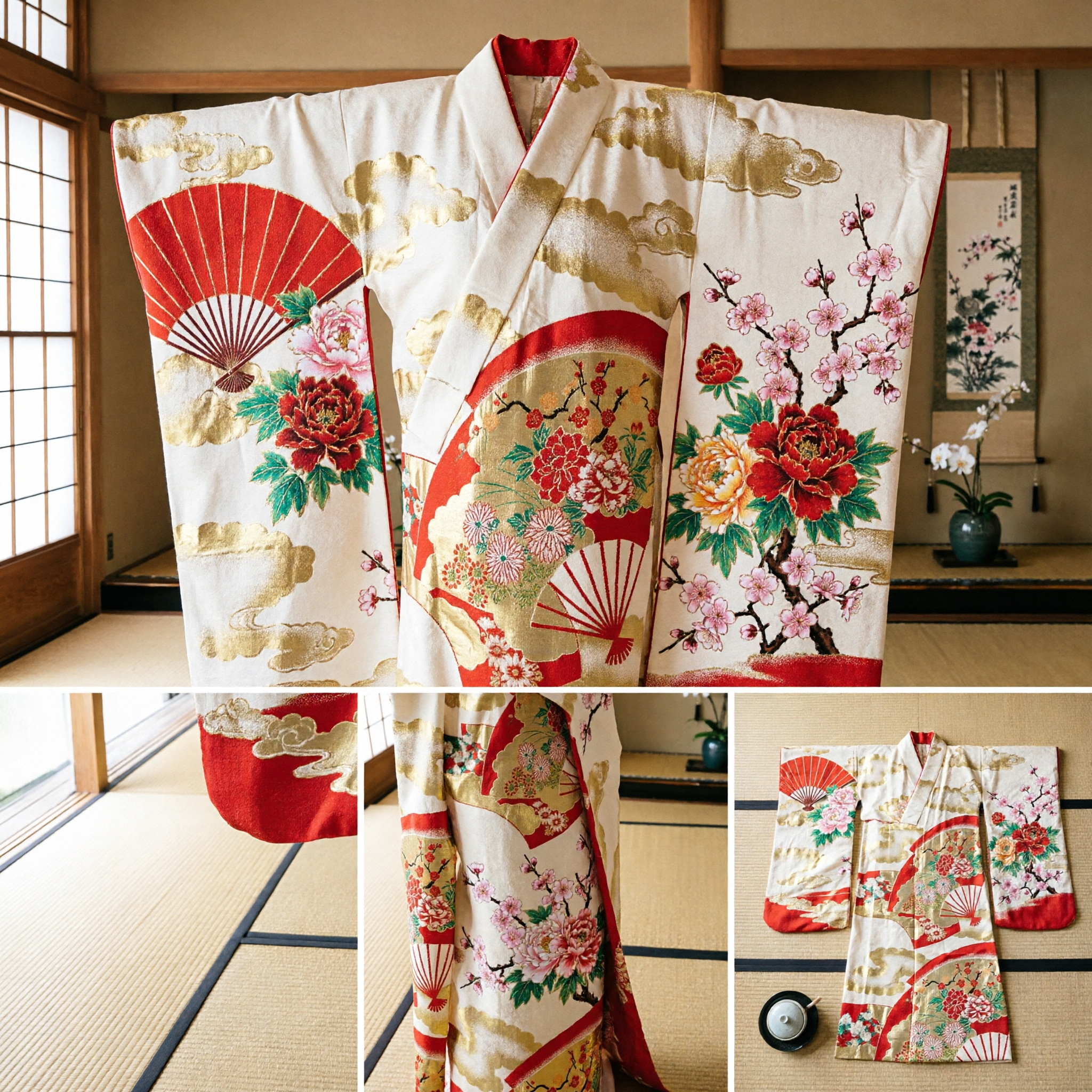 Obi per Kimono giapponese tradizionale in broccato dorato con motivo floreale a ventaglio rosso, accessorio per costumi da donna - Asian Costume