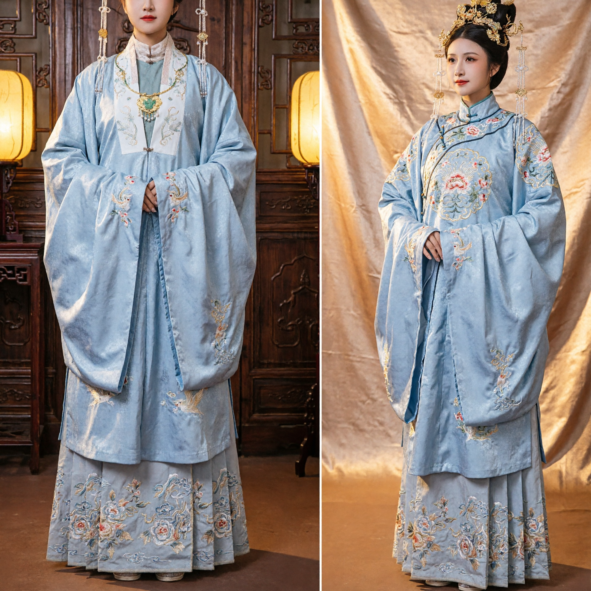 Ensemble traditionnel chinois Hanfu de la dynastie Ming, robe et jupe bleues brodées, costume de palais ancien pour femmes - Asian Costume