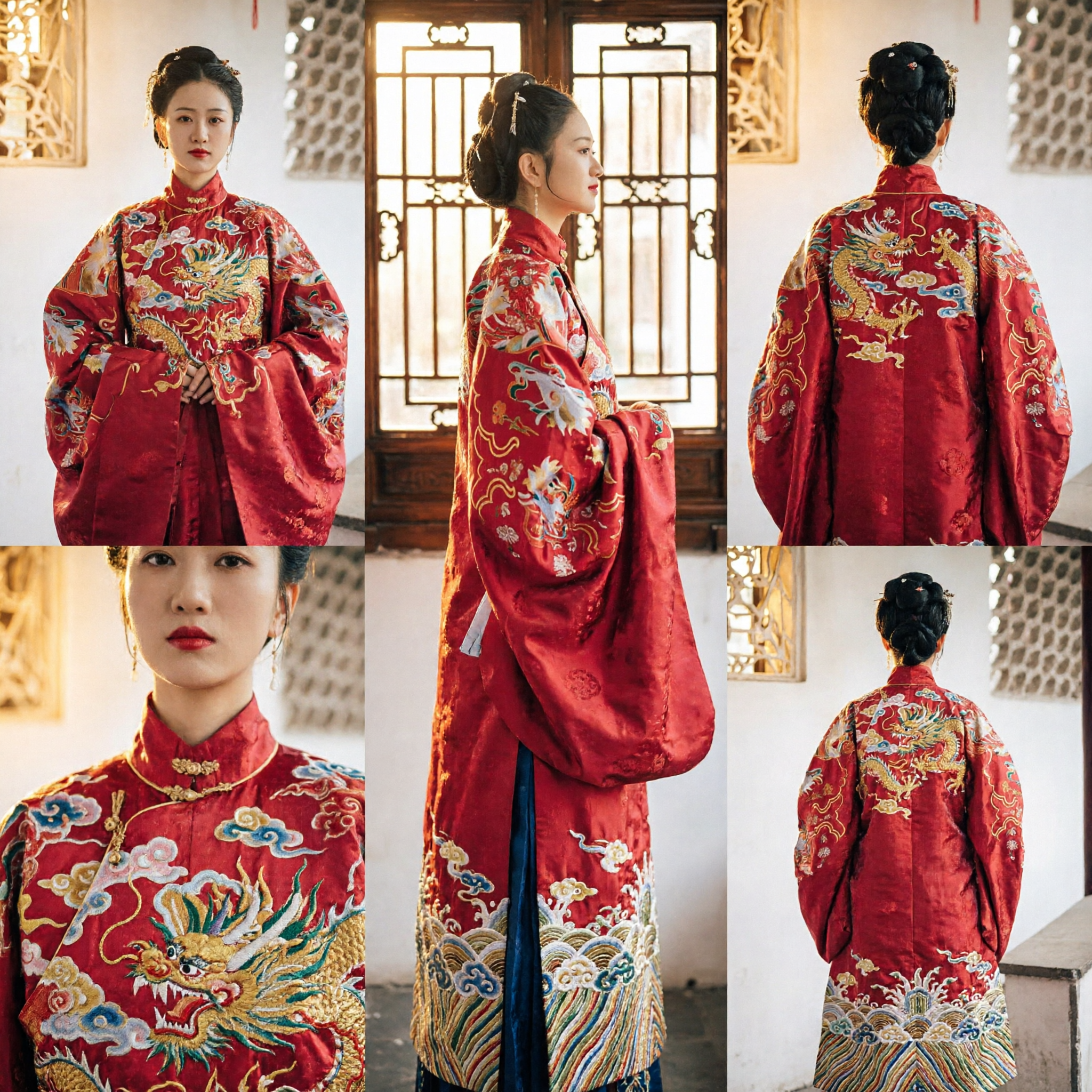 Traditional Chinese Ming Dynasty Wedding Hanfu Red Embroidered Dragon Phoenix Robe Ancient Costume for Women - Asian Costume