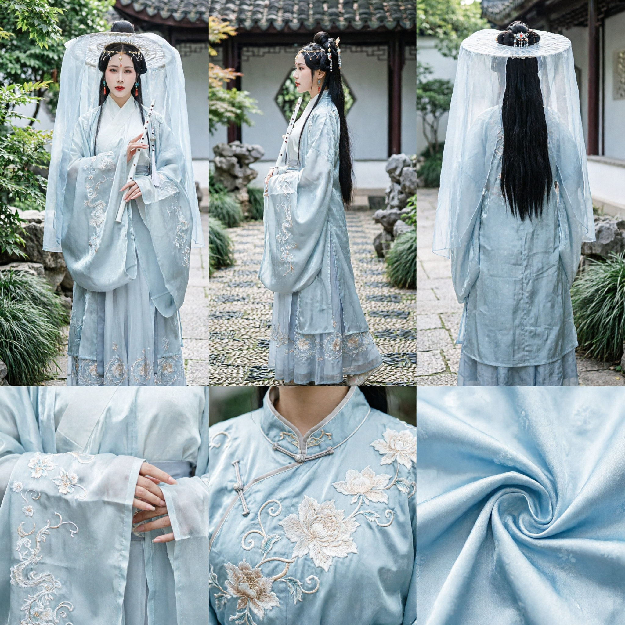 Antikes traditionelles chinesisches Hanfu-Kostüm für Frauen, hellblaues Wuxia-Schwertkämpferinnenkleid mit verschleiertem Hut-Set - Asian Costume