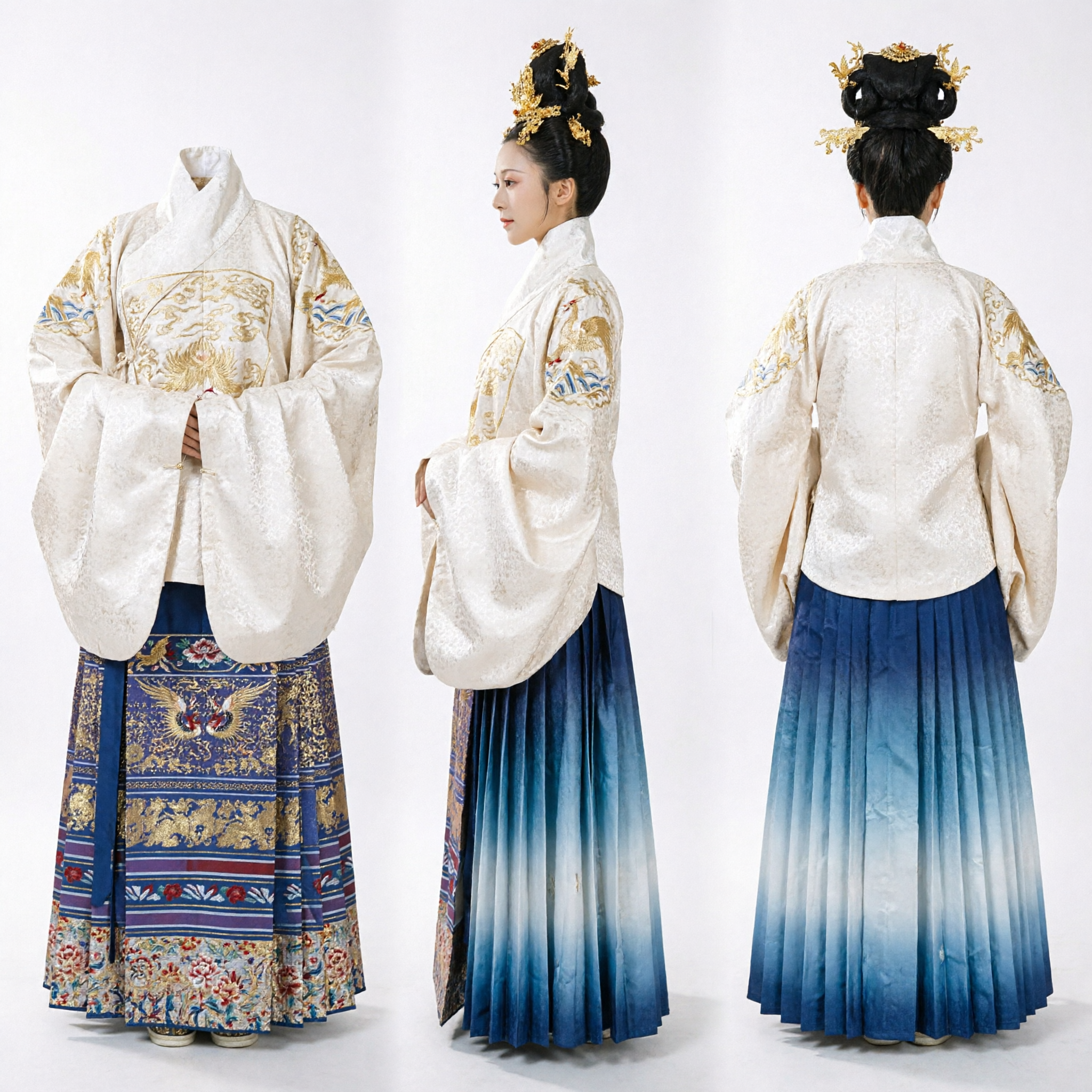전통 중국 명나라 한푸 의상 흰색 교임 상의 파란색 자수 치마 고대 공주 드레스 여성용 - Asian Costume