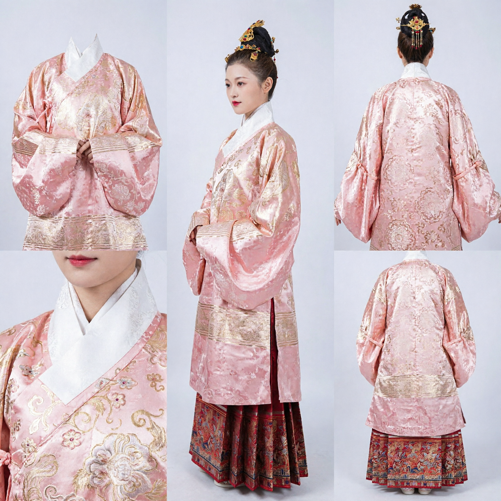 Set Hanfu Dinastia Ming Tradizionale Cinese Top in Broccato Rosa e Gonna Rossa Costume Antico per Matrimonio Donne - Asian Costume