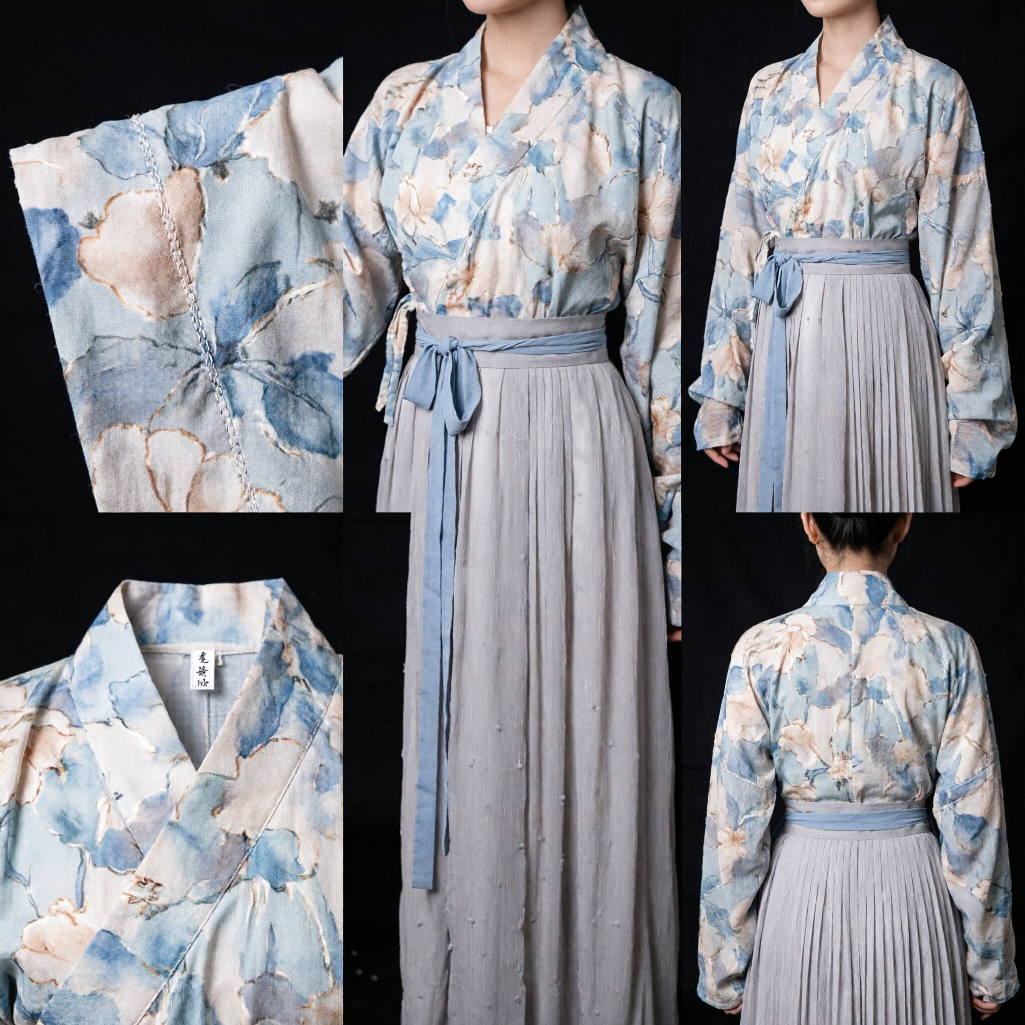 Hanfu Tradicional Chino Estilo Dinastía Ming Conjunto de Top de Cuello Cruzado Floral y Falda Plisada Gris para Mujer - Asian Costume
