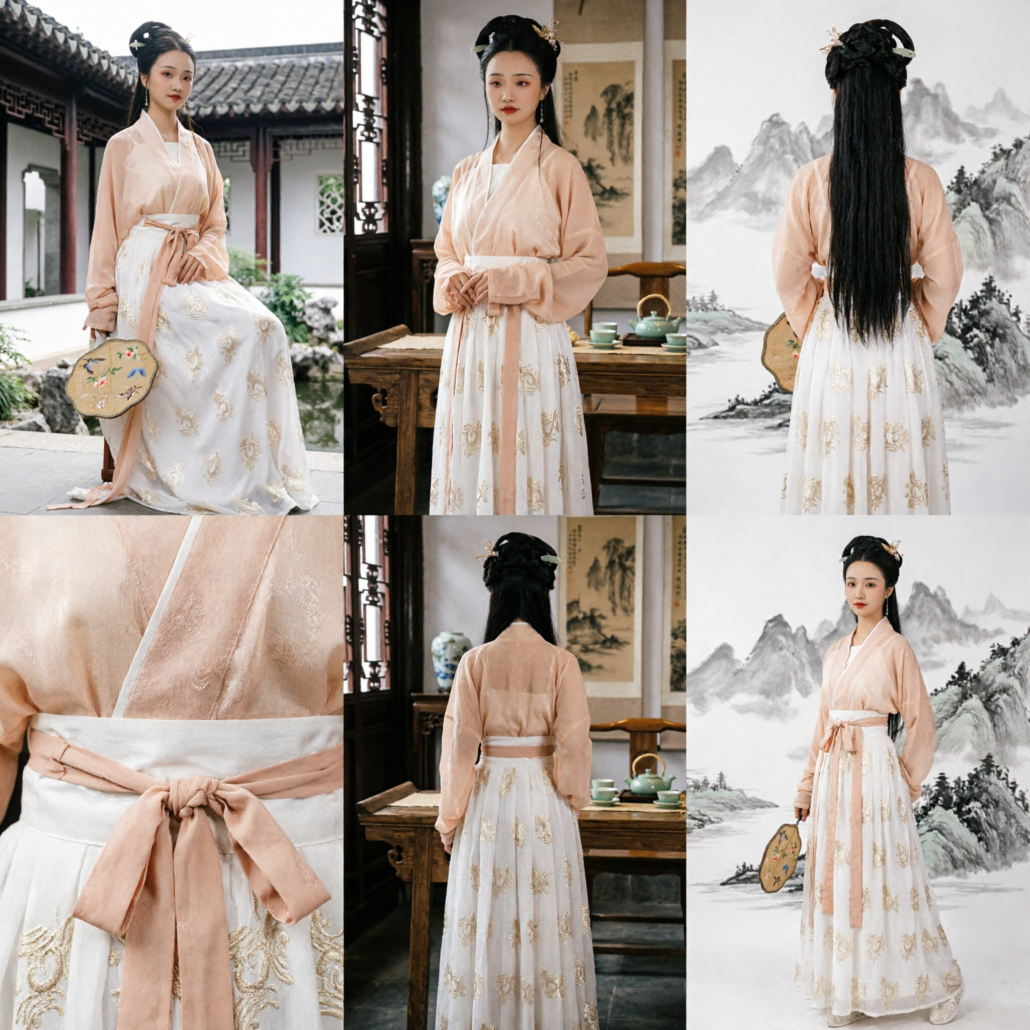 Ancient Chinese Hanfu Costume Tang Dynasty Princess Embroidered Peach Top and White Skirt Set for Women - Asian Costume