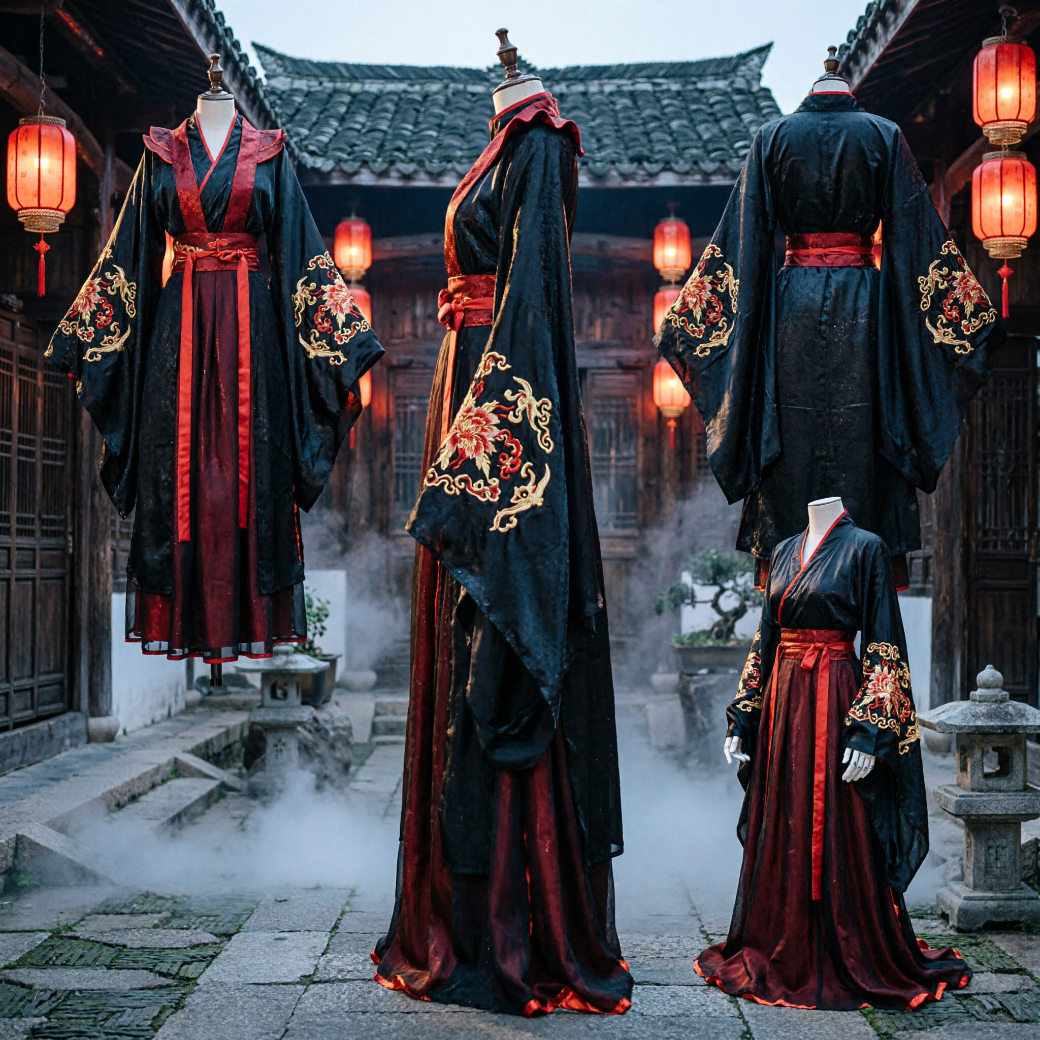 Starożytny Chiński Strój Wuxia Hanfu Czarno-Czerwona Tradycyjna Szata Sztuk Walki do Cosplayu dla Dorosłych - Asian Costume