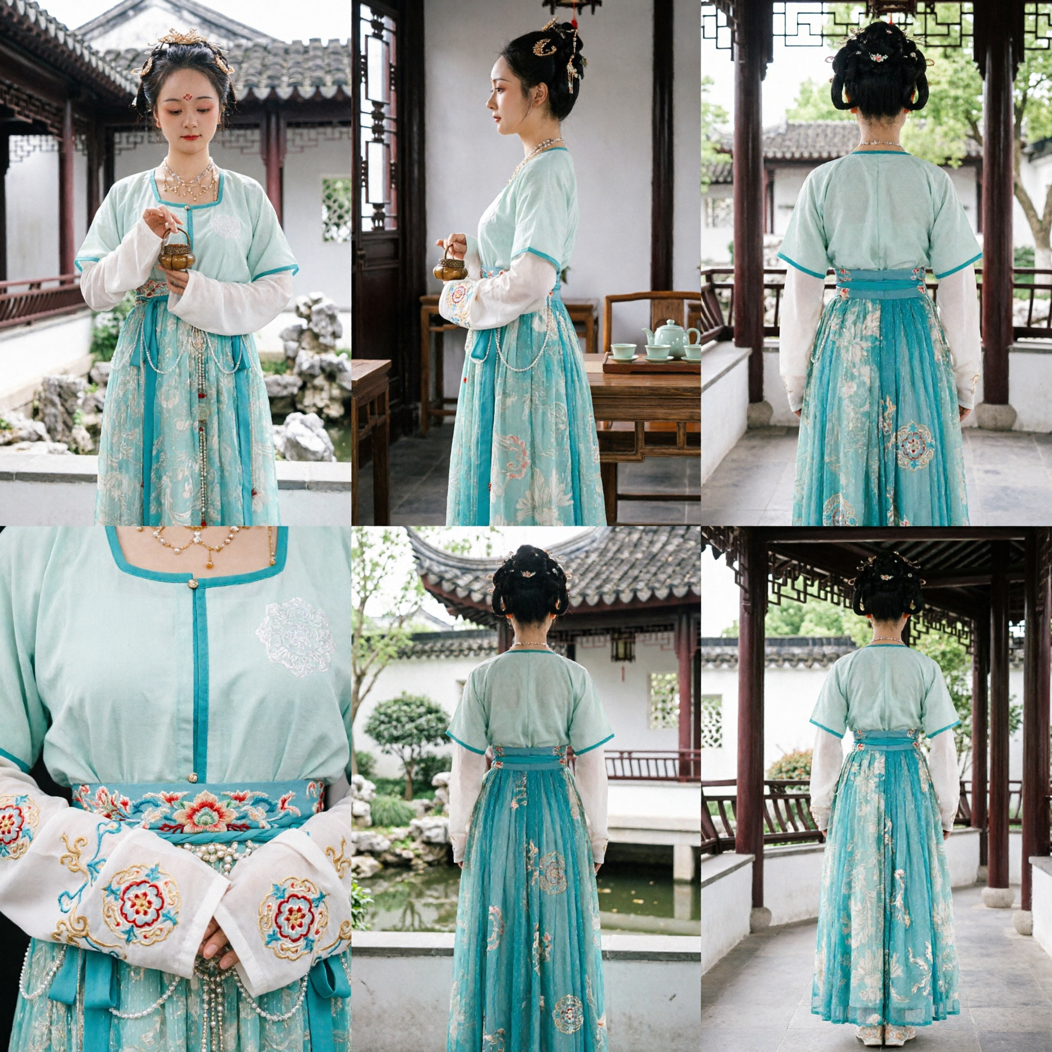 伝統的中国唐時代青漢服衣装 古代宮廷婦人ドレス 女性用コスプレ・写真撮影 - Asian Costume