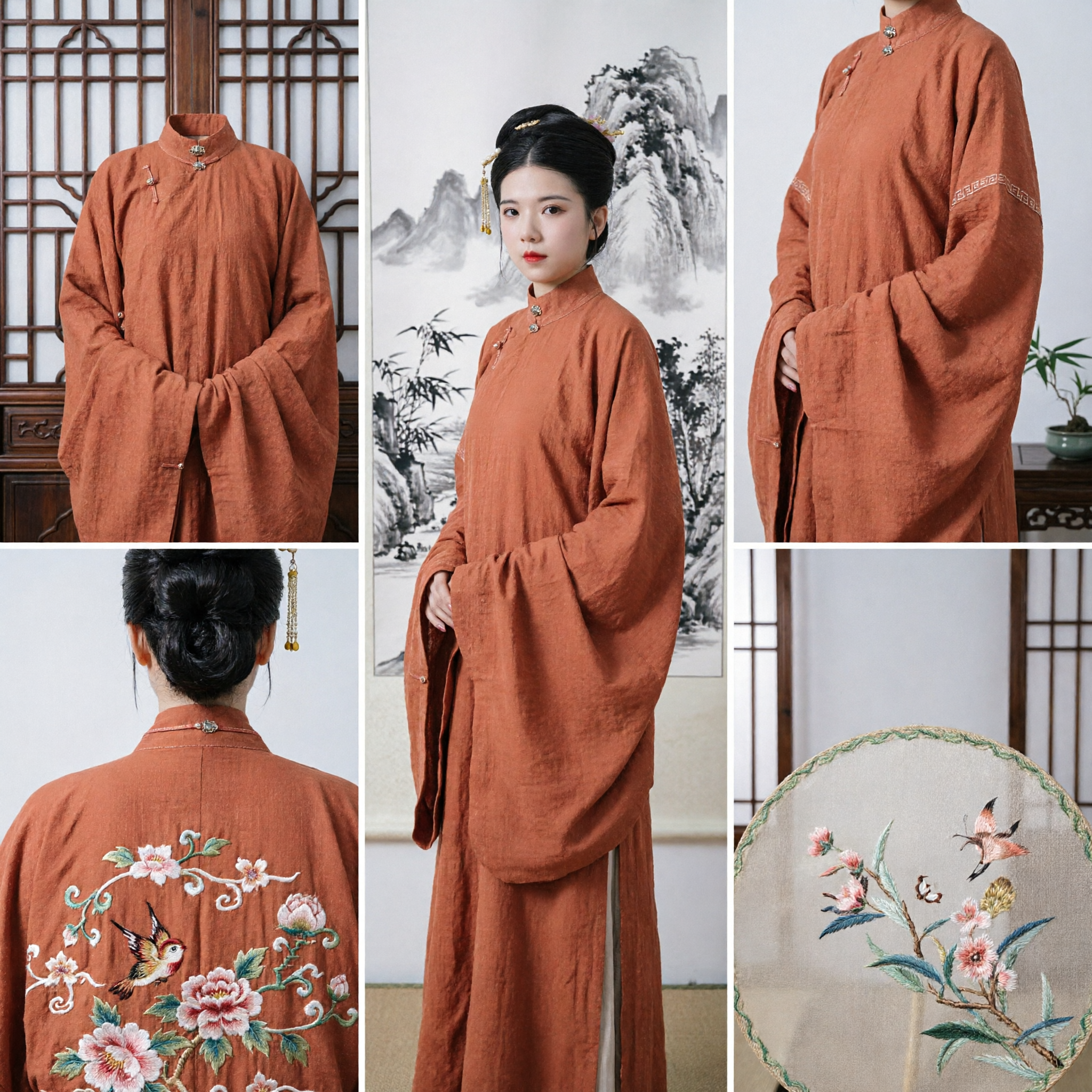Chinesisches traditionelles Ming-Dynastie Hanfu rostorangefarbener Stehkragen-Langrobe antikes Kostüm für Frauen - Asian Costume