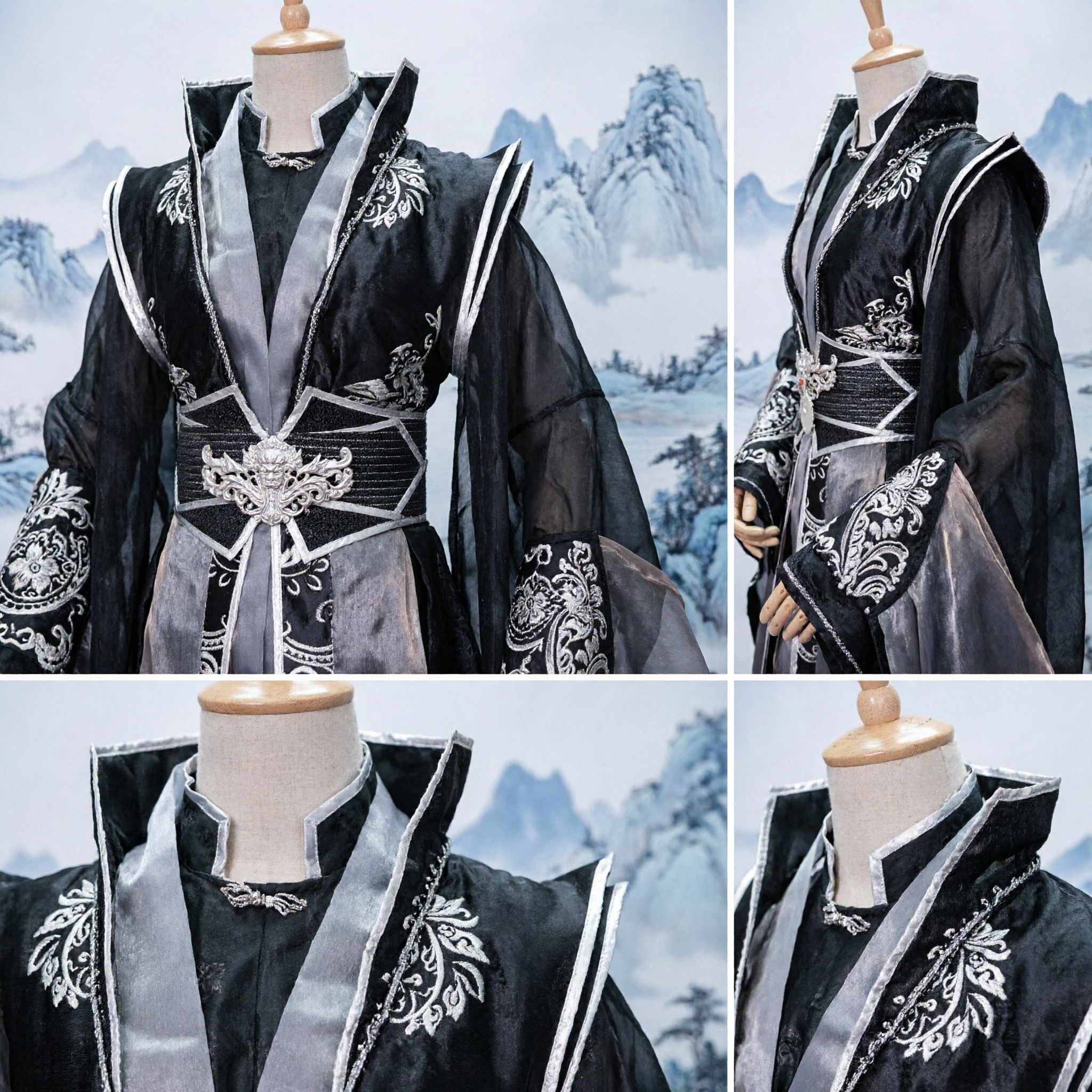 Men's Black Ancient Chinese Hanfu Noble Swordsman Costume Embroidered Robe Traditional Cosplay Outfit - Asian Costume