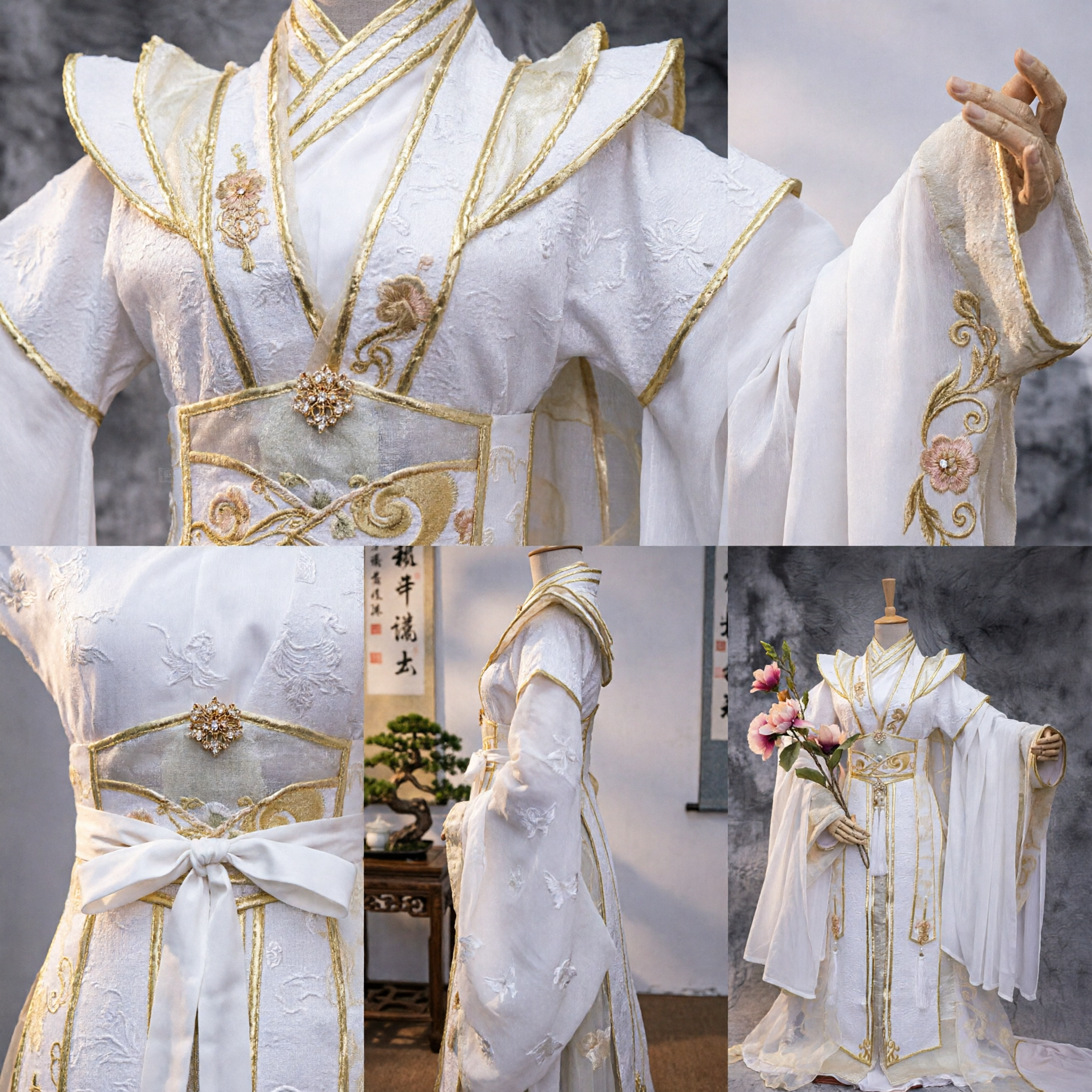 Costume Hanfu tradizionale cinese, veste da principe spadaccino antica con ricami bianco-oro per cosplay maschile - Asian Costume