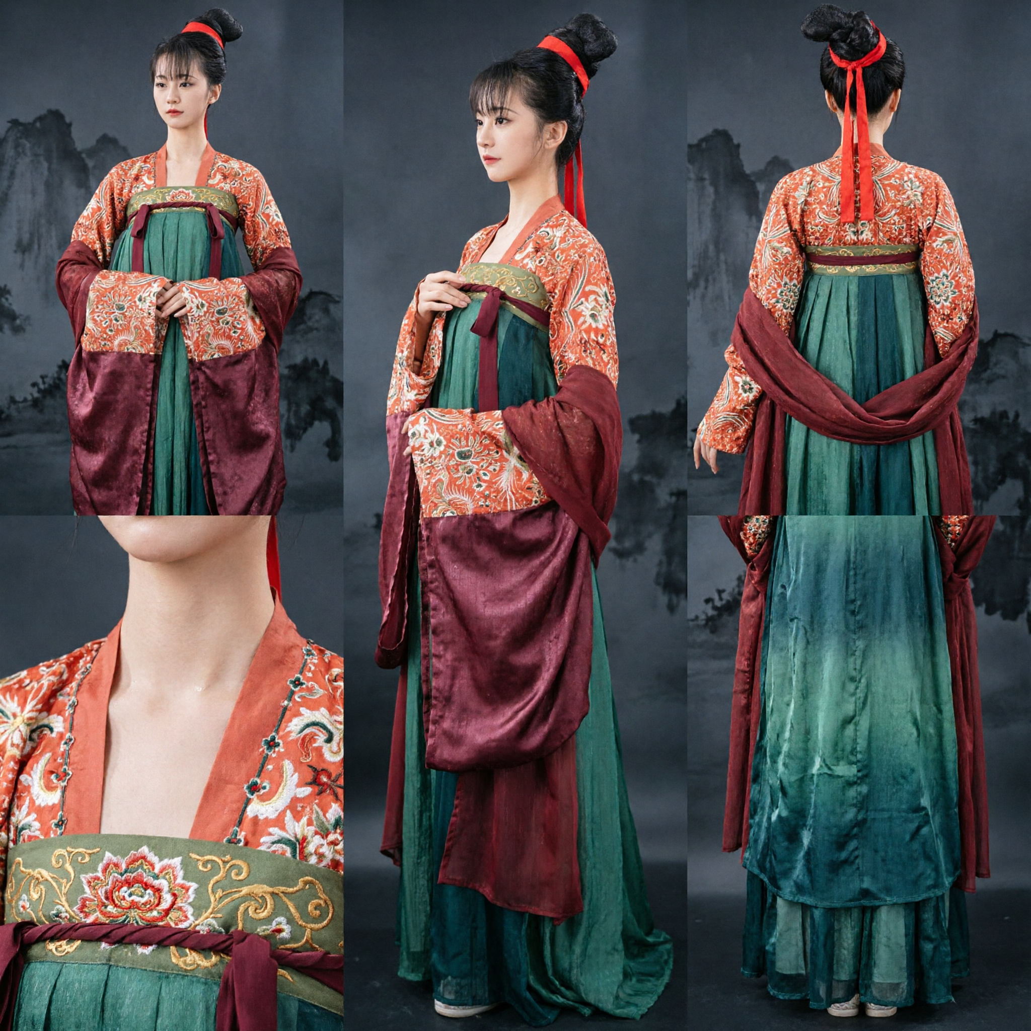 Traditionelles chinesisches Tang-Dynastie Hanfu-Kostüm für Frauen Rote Blumenjacke Grüner Hochtaillierter Rock-Set - Asian Costume