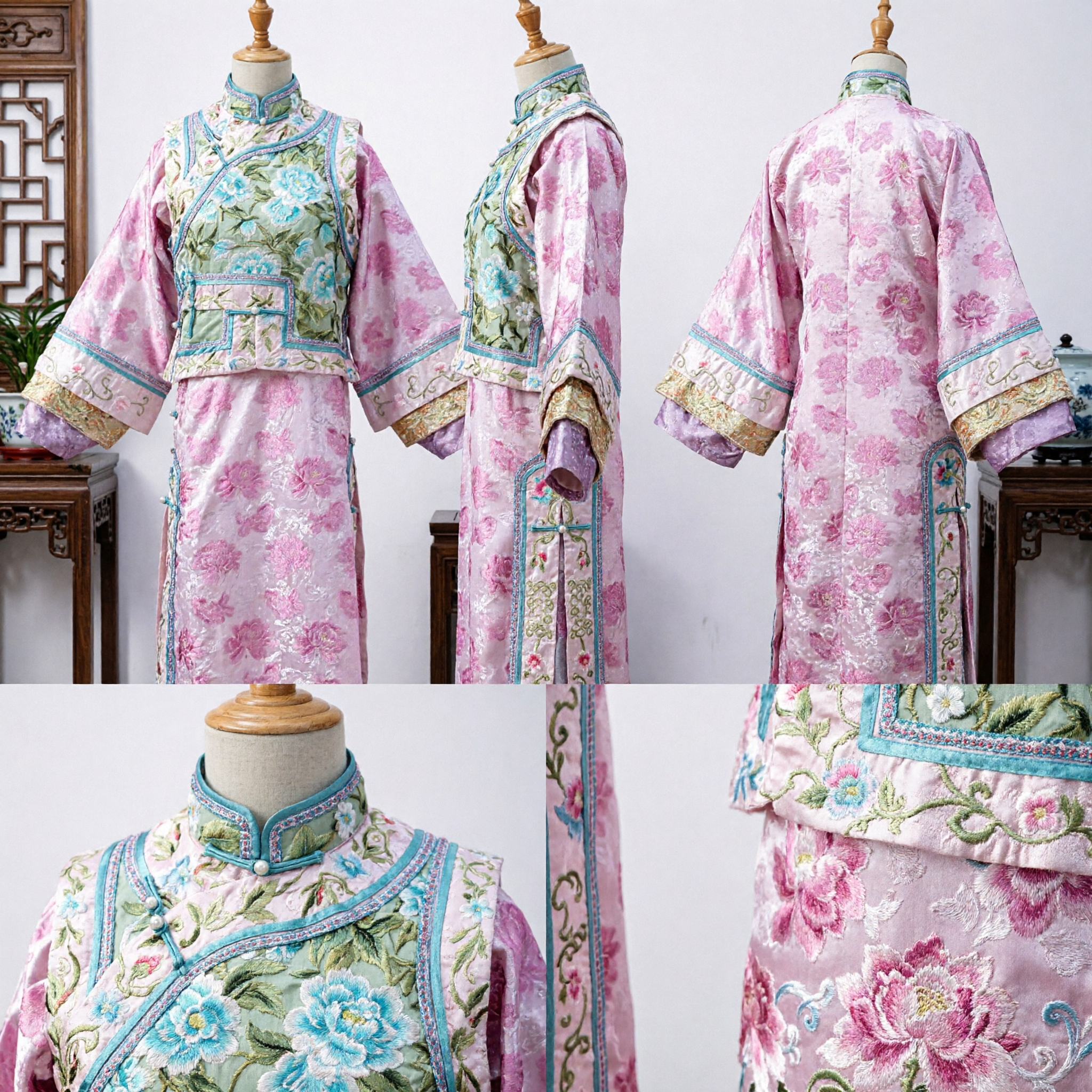Traje Tradicional de la Dinastía Qing Chino Conjunto de Túnica y Chaqueta con Bordado de Flores Rosas Hanfu Manchú Antiguo para Mujeres - Asian Costume