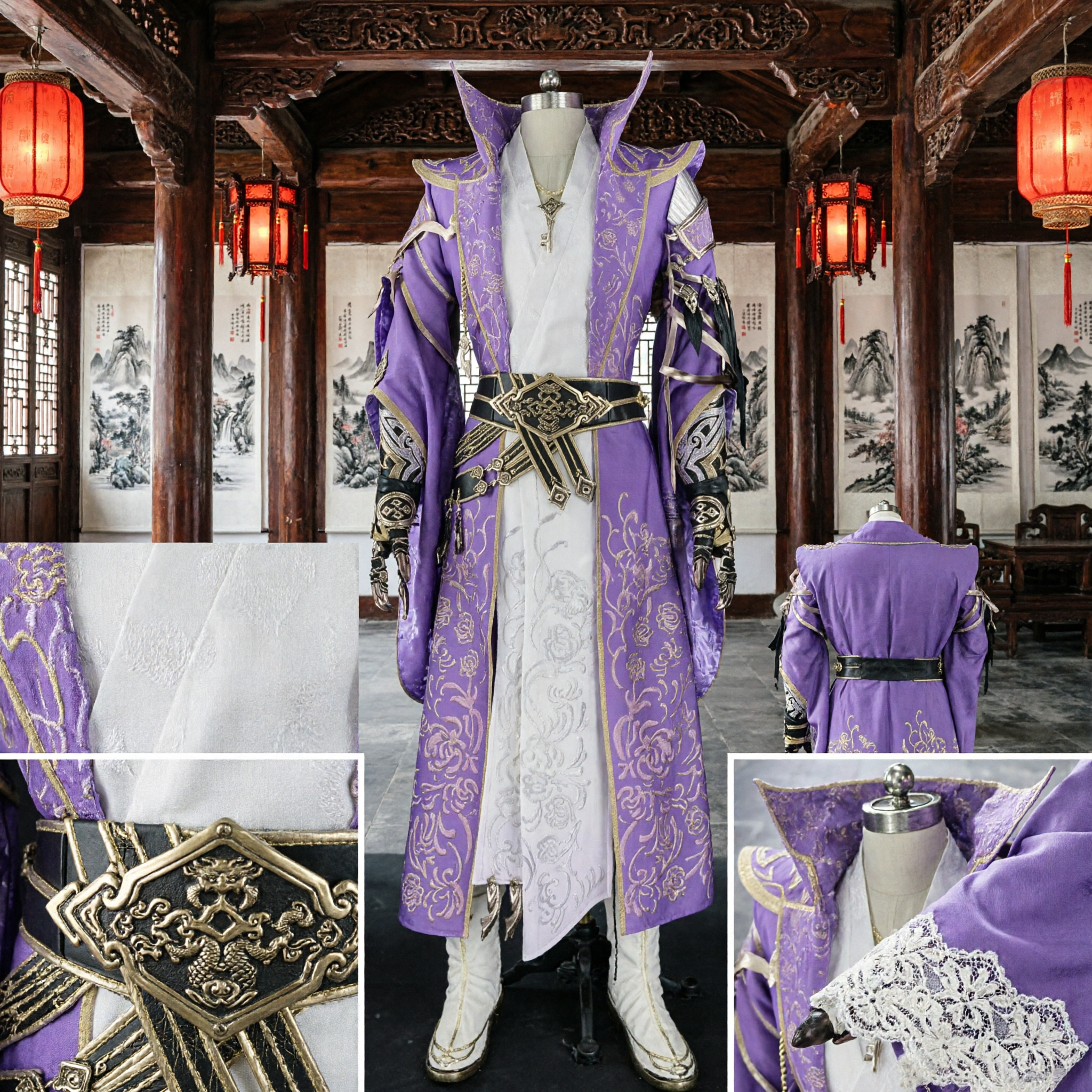 Men's Purple Ancient Chinese Swordsman Xianxia Fantasy Cosplay Costume Noble Robe Armor Set for Halloween - Asian Costume