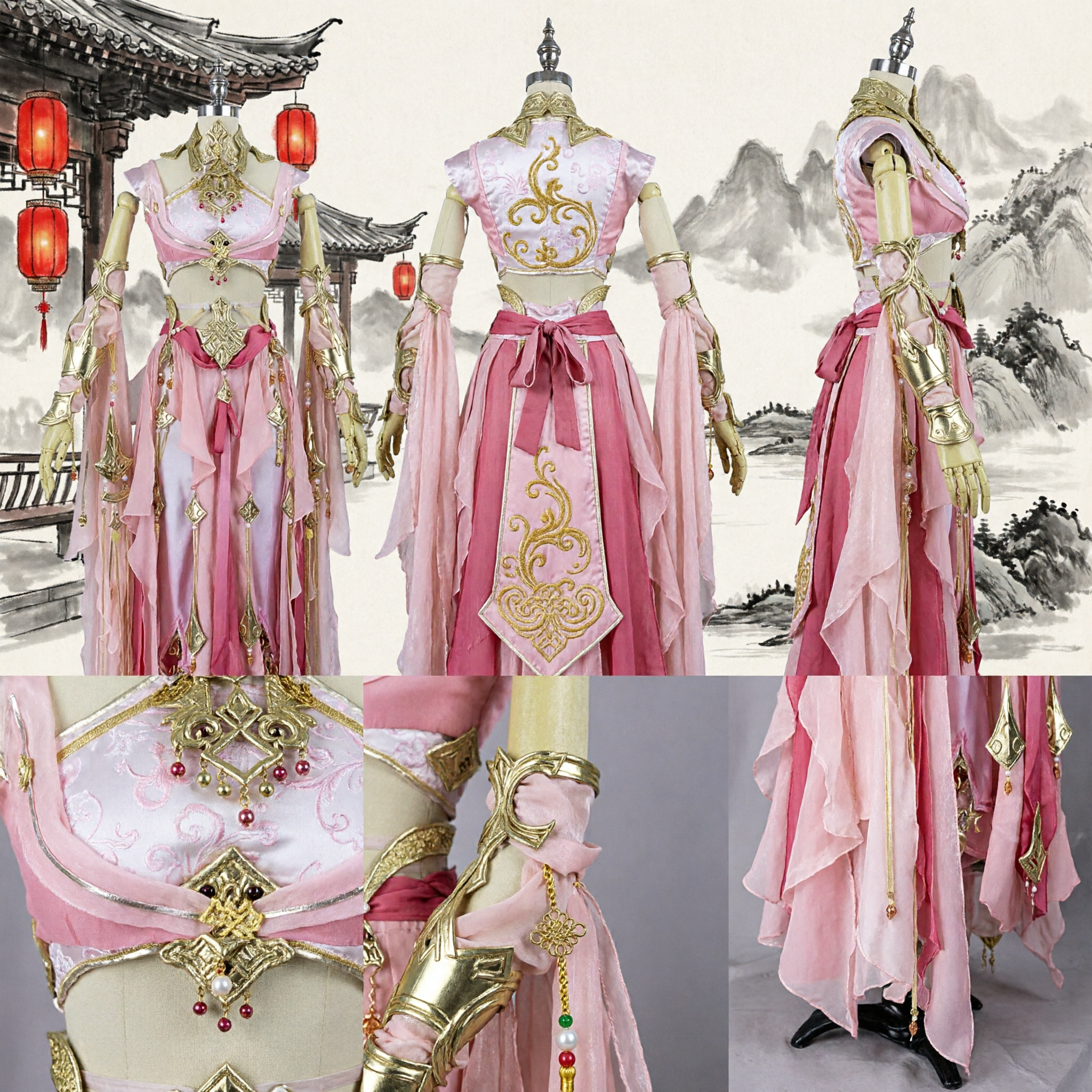 Elegante Costume Xianxia Cinese Rosa Cosplay Antico Fantasy Abito da Danzatrice Hanfu con Armatura Oro per Donne - Asian Costume