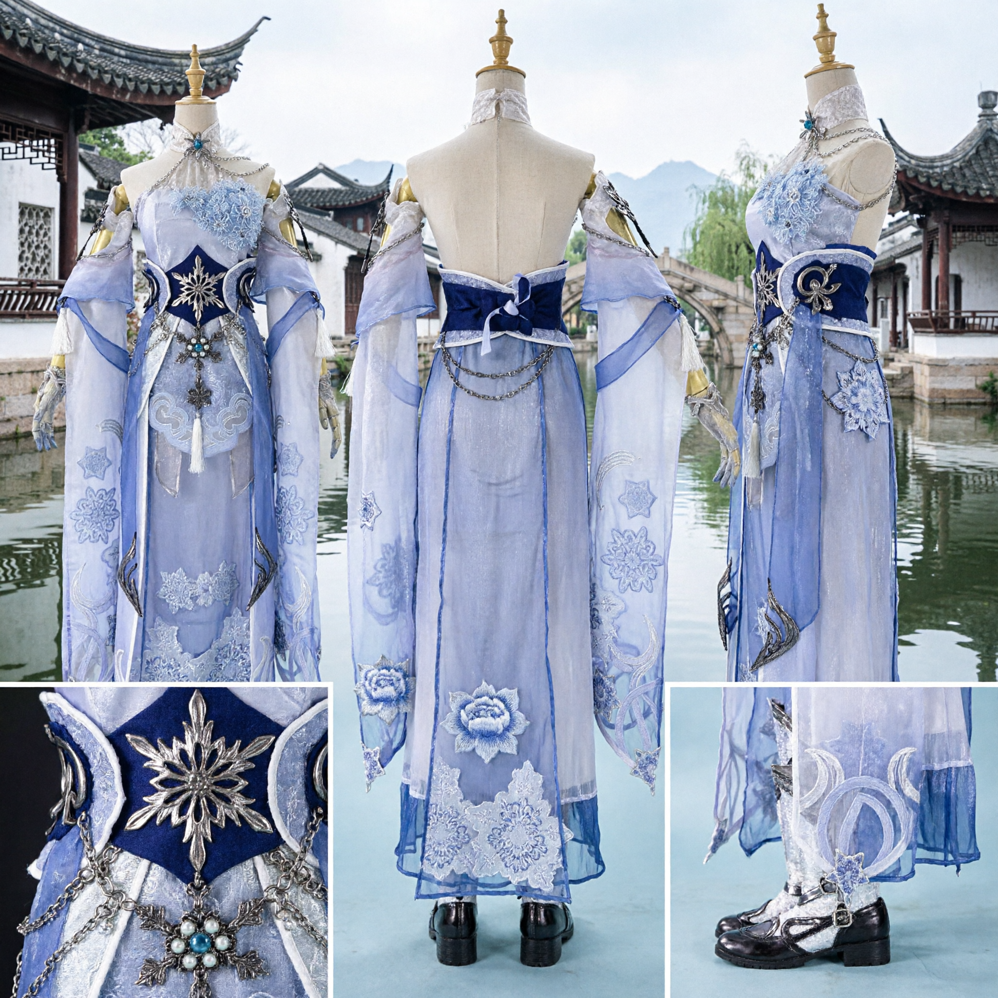 Exquisiet Blauw en Wit Chinees Xianxia Fee Kostuum Geborduurde Hanfu Jurk voor Vrouwen Cosplay - Asian Costume