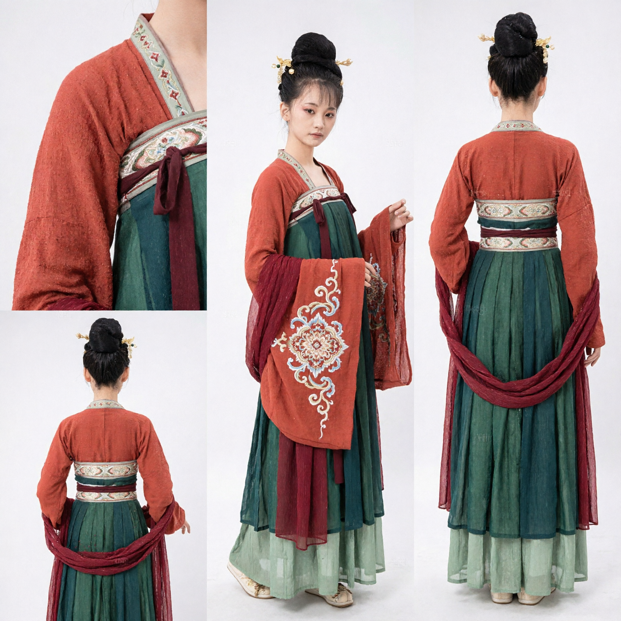 중국 전통 당나라 한푸 의상 여성용 고대 그린 앤 레드 드레스 코스프레 공연용 - Asian Costume