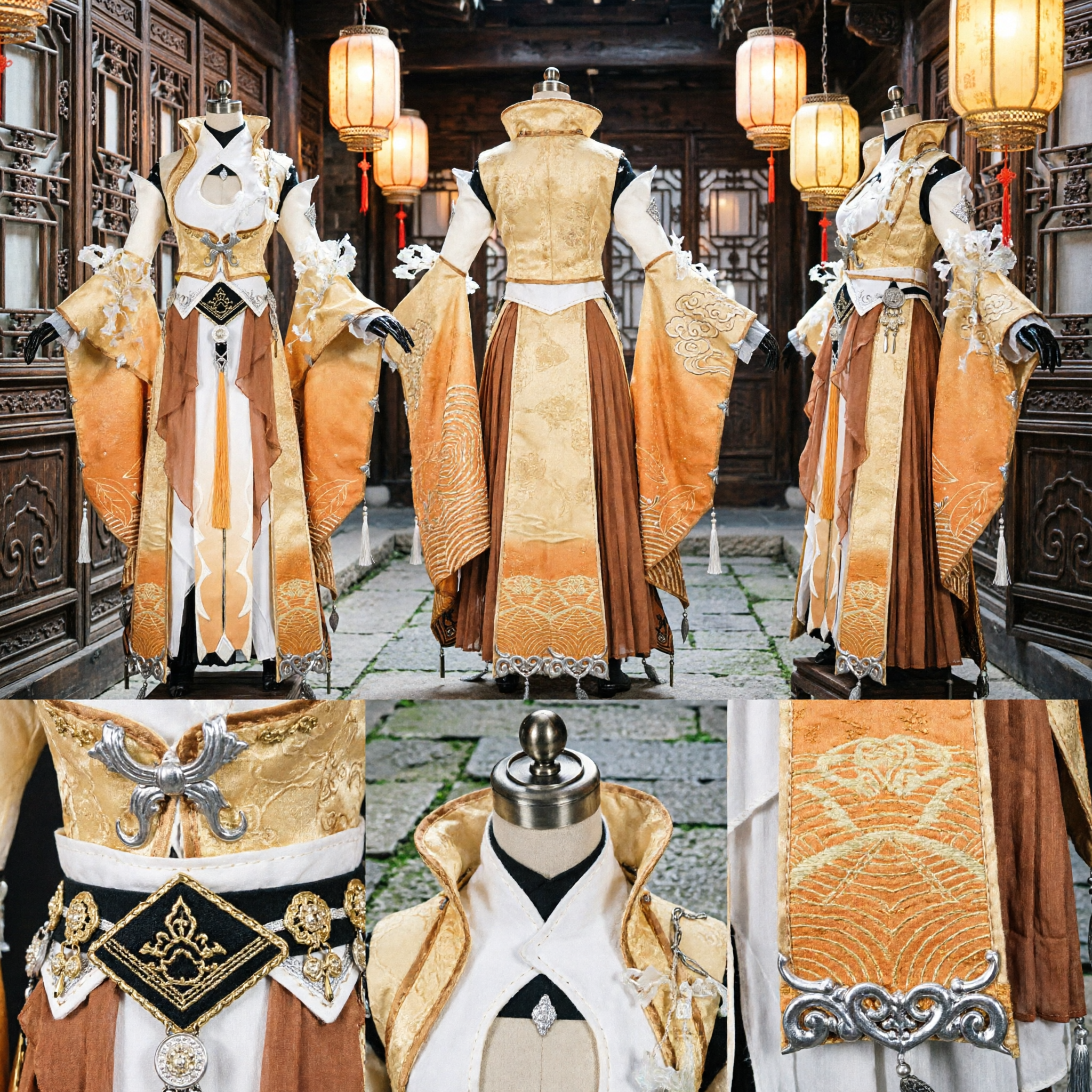 Traje de Cosplay de Espadachim Chinês Antigo Hanfu Laranja e Dourado Fantasia de Guerreiro para Performance no Palco e Halloween - Asian Costume