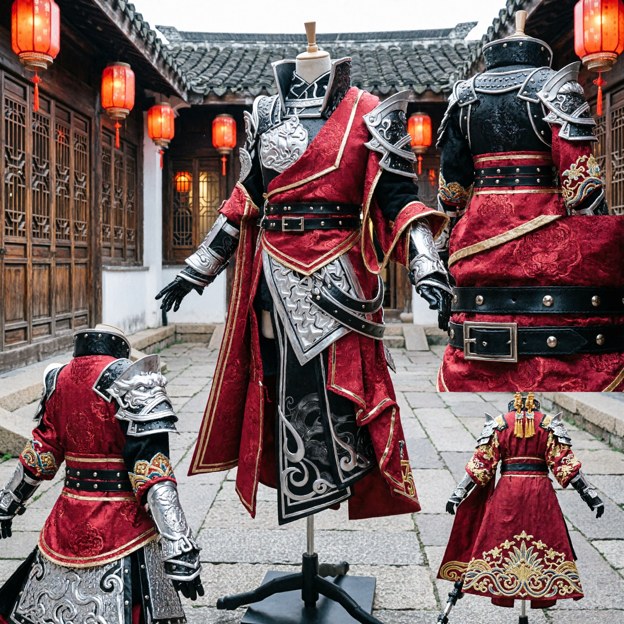 زي تنكري درع جنرال صيني قديم أحمر للرجال هانفو محارب بلوحات فضية لعروض المسرح - Asian Costume