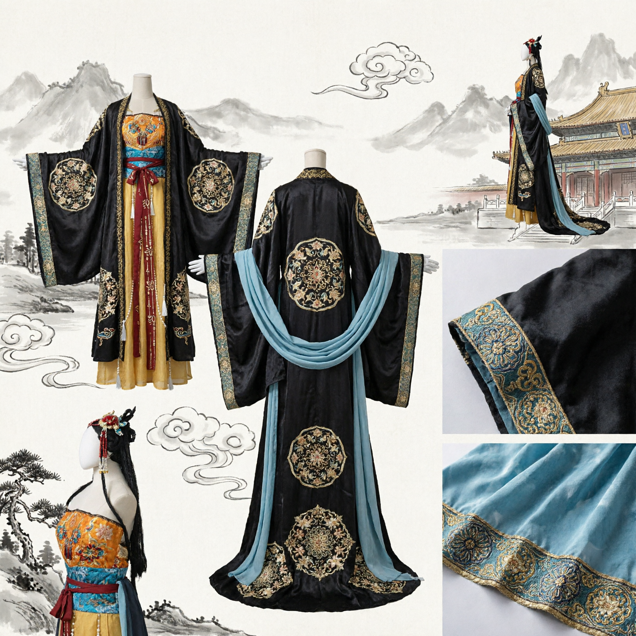 Traje Hanfu de Imperatriz da Dinastia Tang Chinês Tradicional, Vestido de Palácio Bordado Preto e Dourado para Cosplay e Fotografia Feminina - Asian Costume
