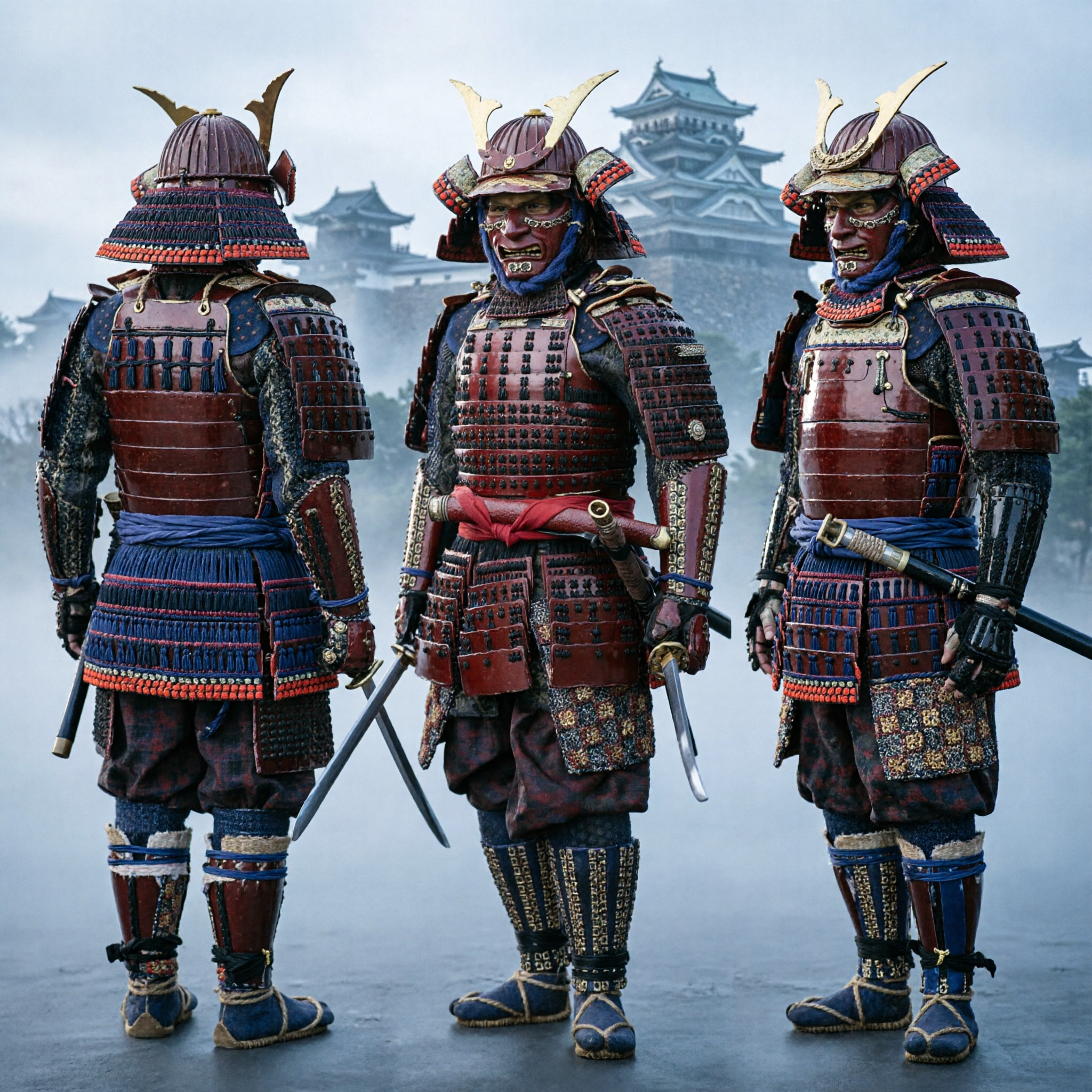 Traditionelles japanisches Samurai-Krieger-Rüstungskostüm-Set rot-schwarzer Helm mit Schwertern für Männer für Cosplay - Asian Costume