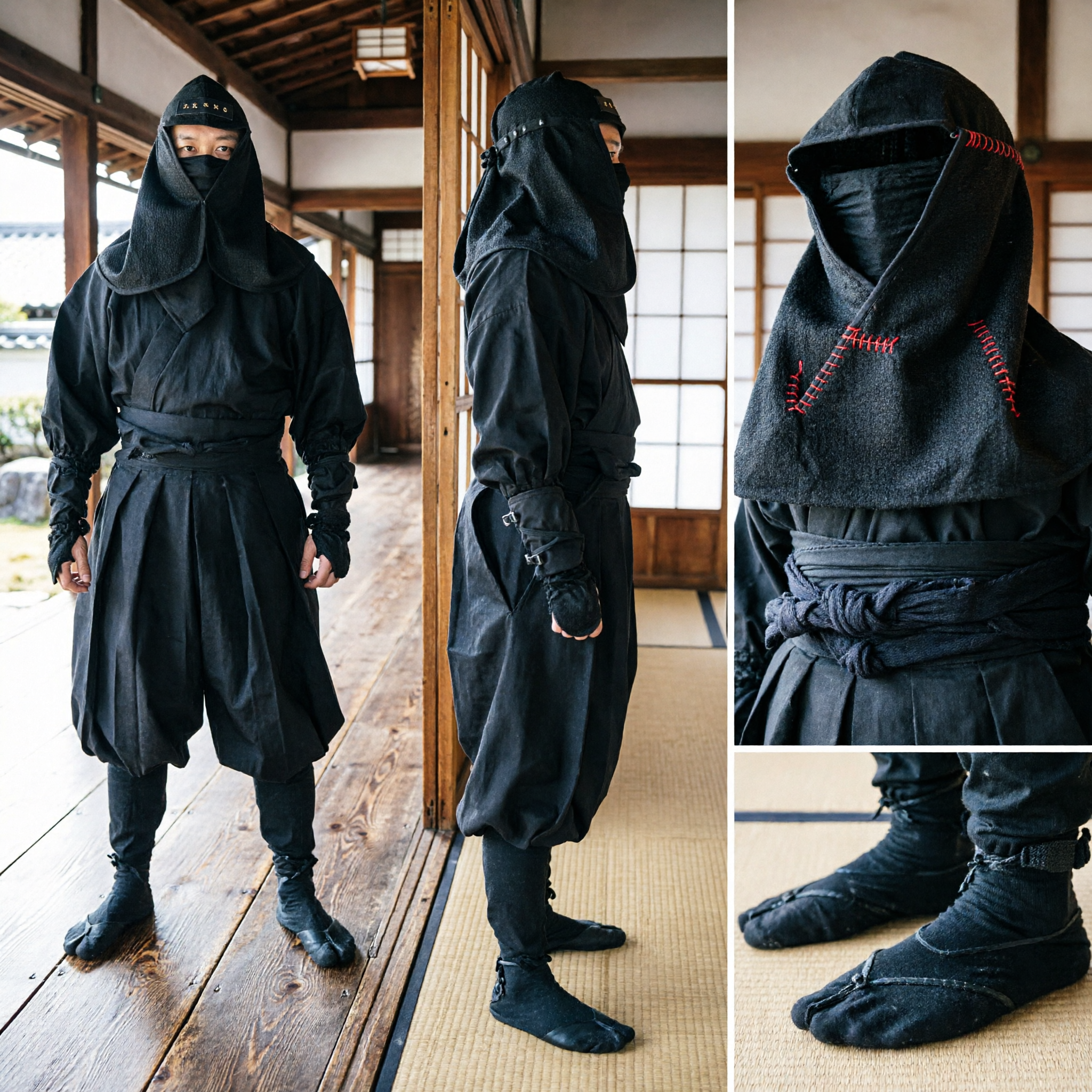 Traditionelles schwarzes Ninja-Kostüm komplettes Set japanisches Krieger-Outfit für Männer für Halloween-Cosplay - Asian Costume