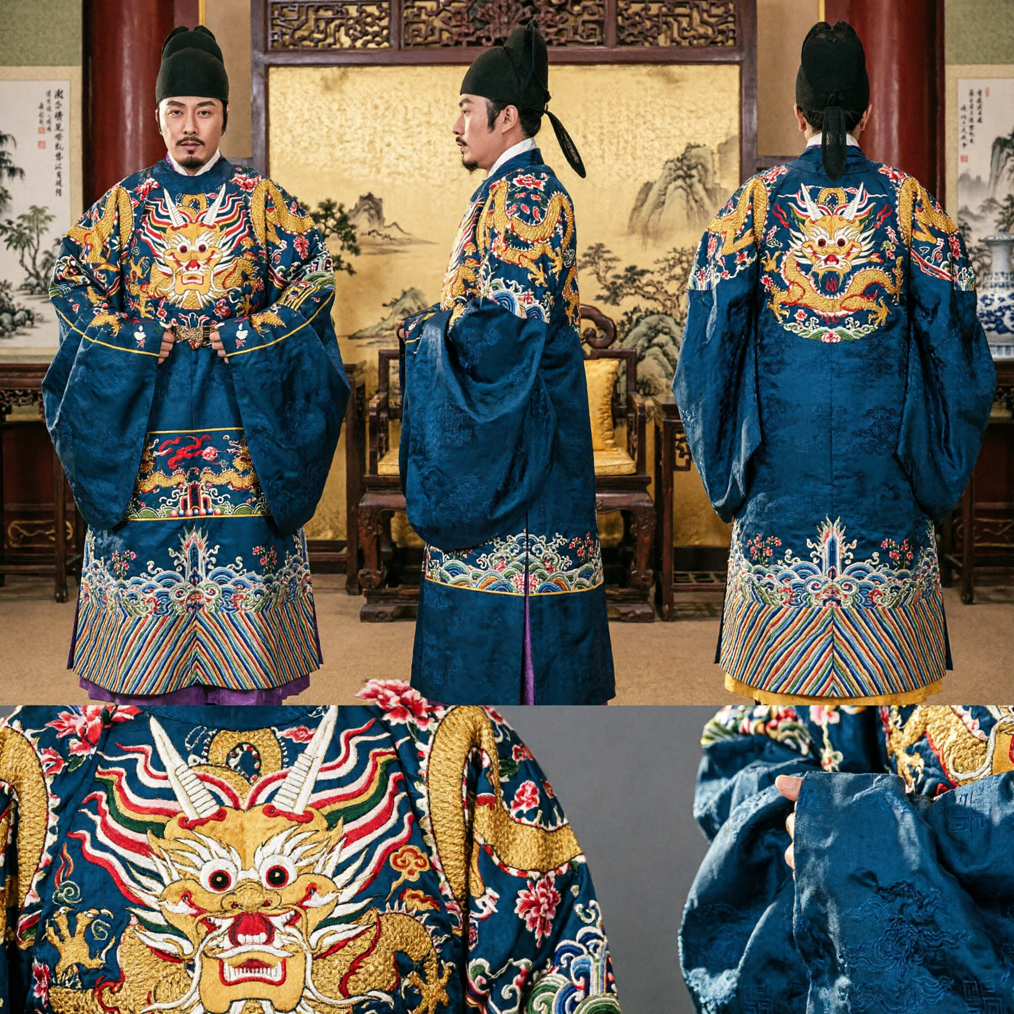 고대 중국 명나라 용 로브 전통 관복 자수 역사 의상 남성용 - Asian Costume