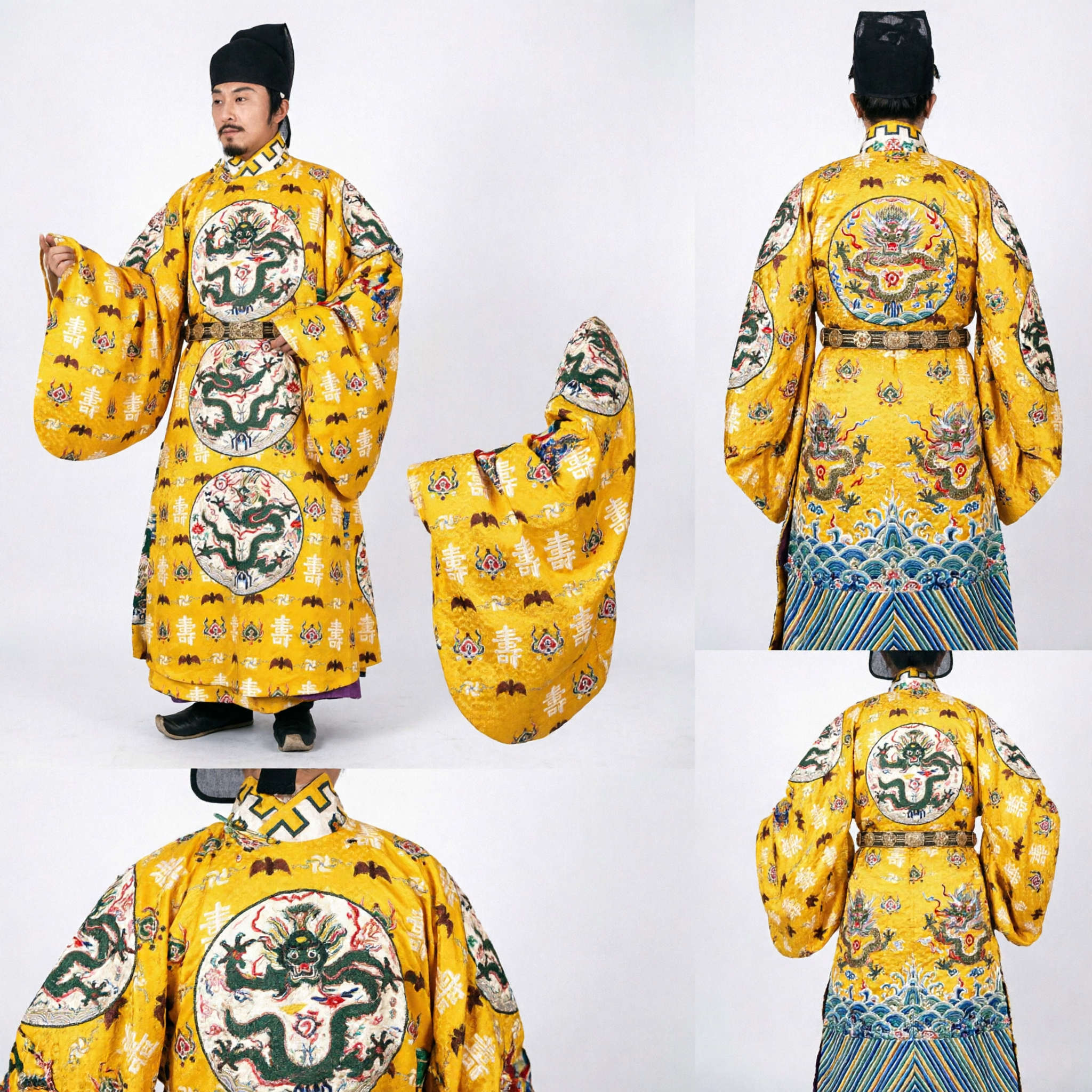 전통 중국 고대 명나라 제국 황금색 용 로브 의상 남성 한푸 공연복 - Asian Costume