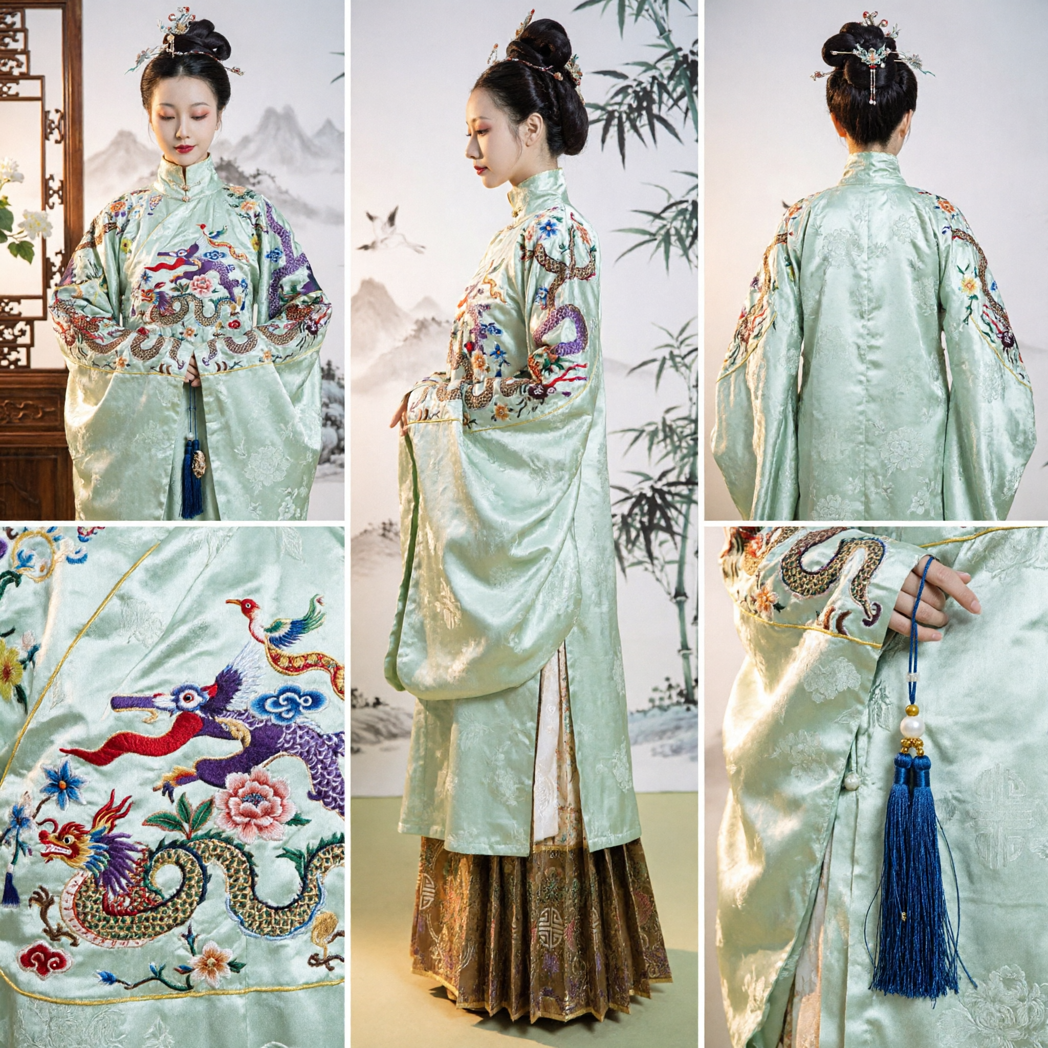 Ensemble de costume ancien Hanfu chinois traditionnel de la dynastie Ming avec broderie de dragon vert pour cosplay féminin - Asian Costume