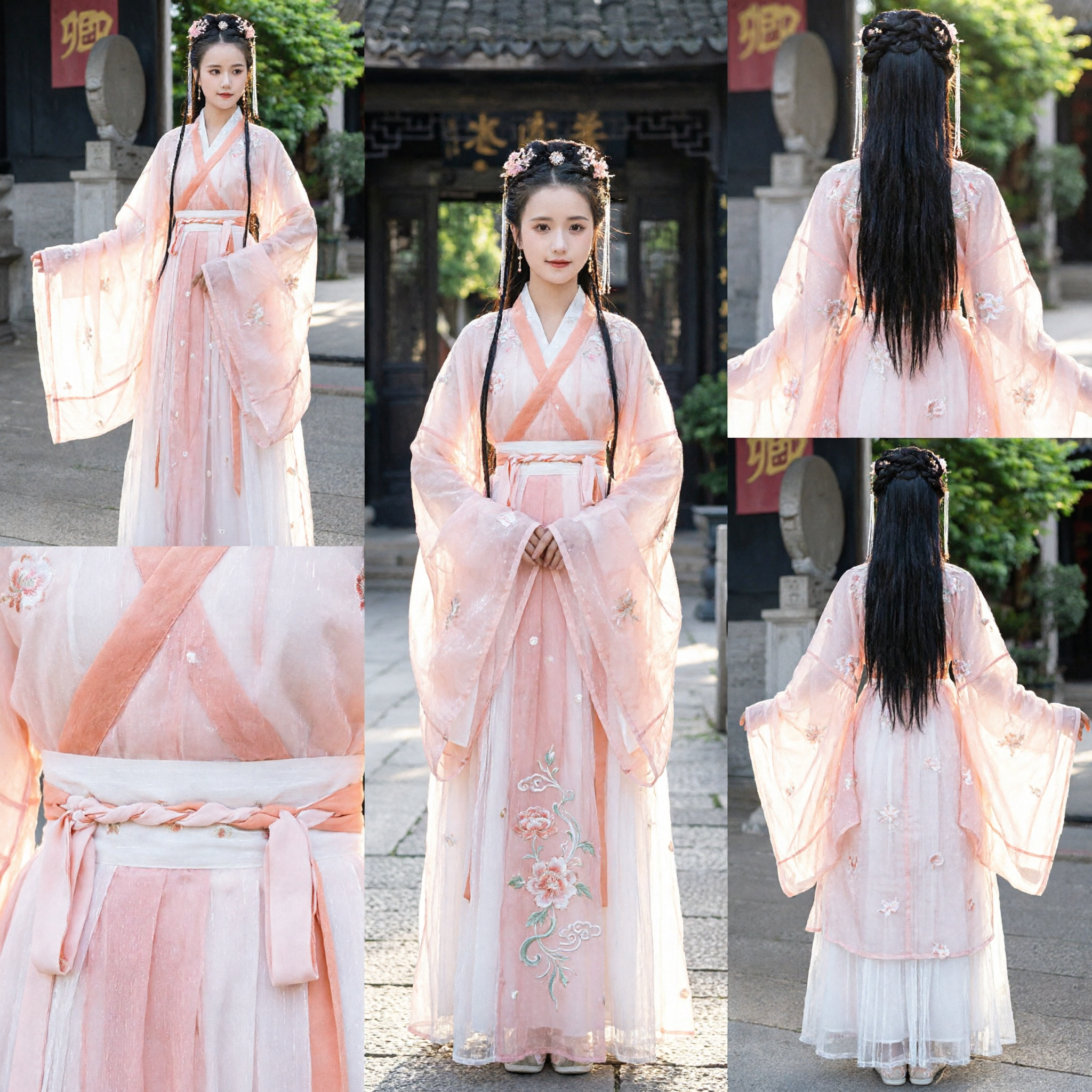 Traditional Chinese Hanfu Pink Embroidered Ancient Princess Costume Wide Sleeve Dress for Women - Asian Costume