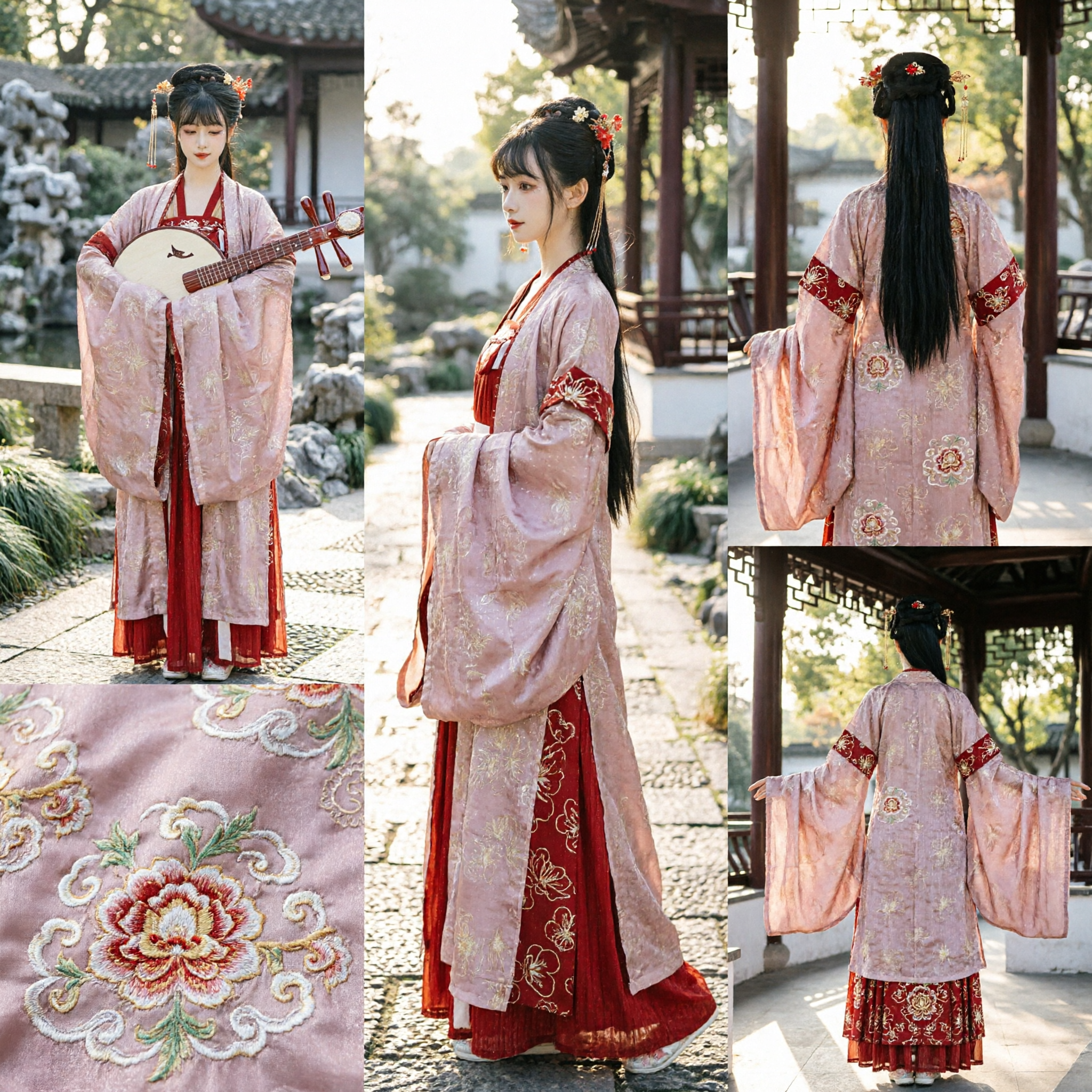 Traditionelles chinesisches Hanfu-Prinzessinnen-Kostüm der Tang-Dynastie, rot und rosa bestickte antike Kleidung für Frauen - Asian Costume