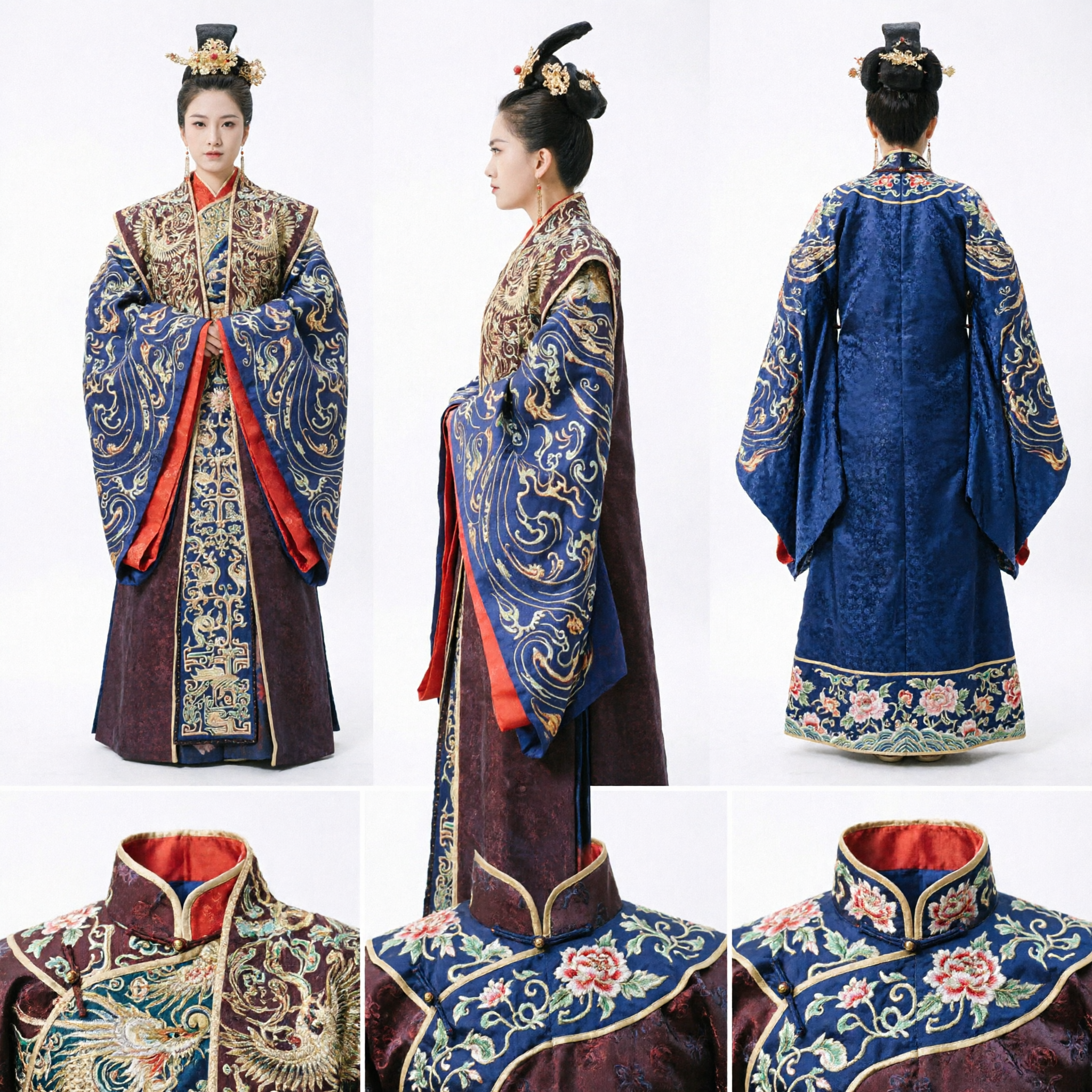 Traditional Chinese Ancient Empress Hanfu Costume Blue Gold Embroidery Palace Dress Women Historical Cosplay Outfit - Asian Costume