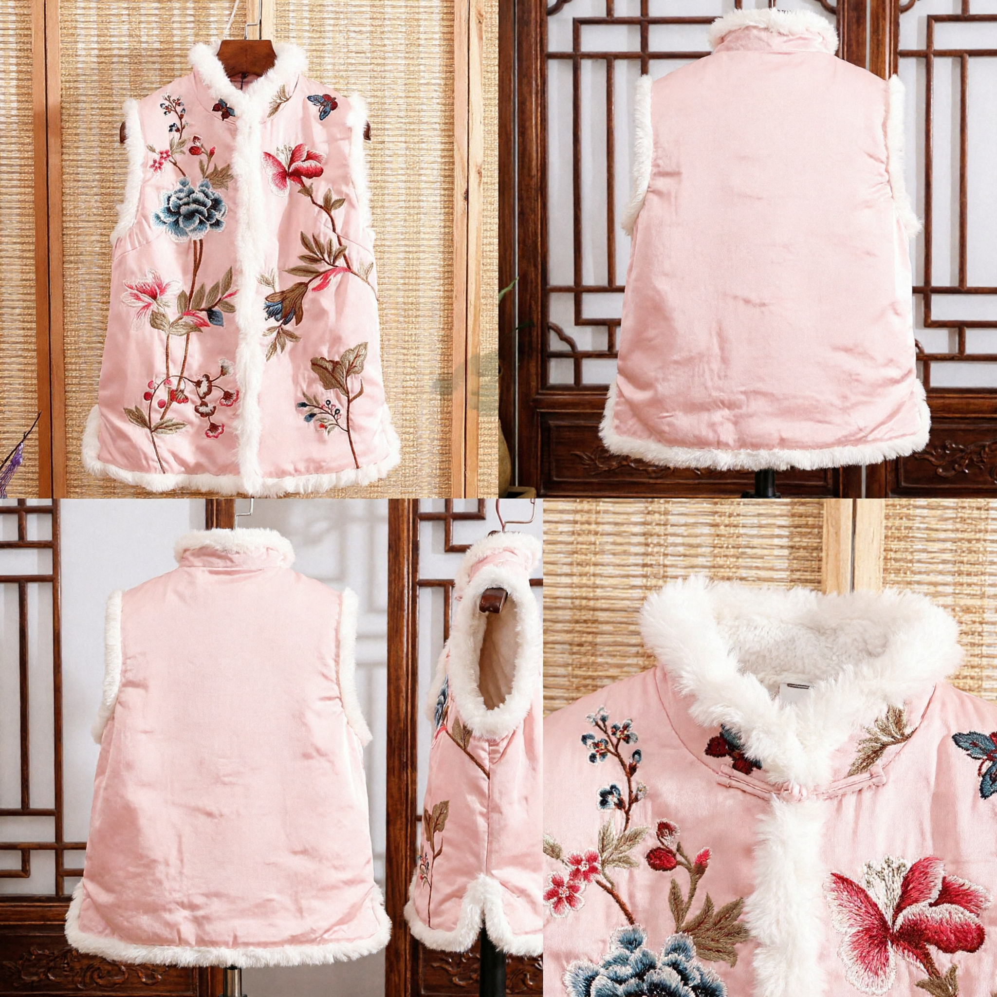 Gilet brodé rose traditionnel chinois pour femmes - Veste d'hiver chaude avec garniture en fourrure - Veste extérieure Tang Suit Hanfu - Asian Costume