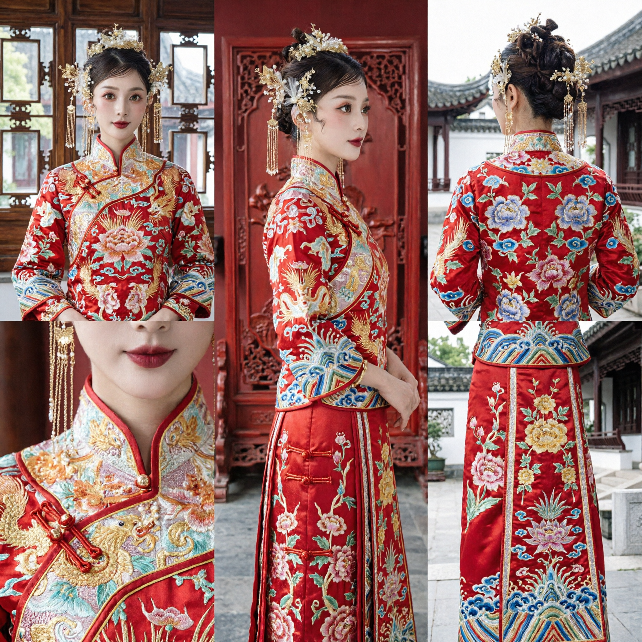 Traditioneller chinesischer Hochzeits-Haarschmuck, Goldphönix-Kronen-Braut-Haarnadeln mit Perlenquasten für Xiuhe-Anzug und Hanfu - Asian Costume