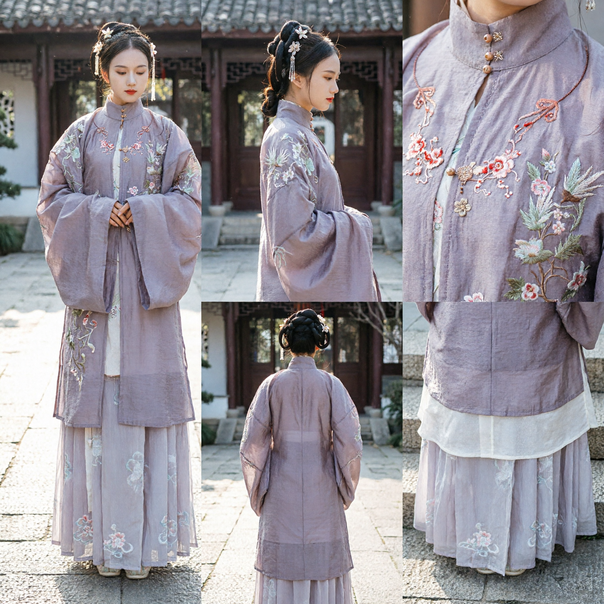 우아한 자주색 명나라 한푸 전통 중국 고대 의상 꽃 자수 스탠딩 칼라 상의와 치마 여성용 - Asian Costume