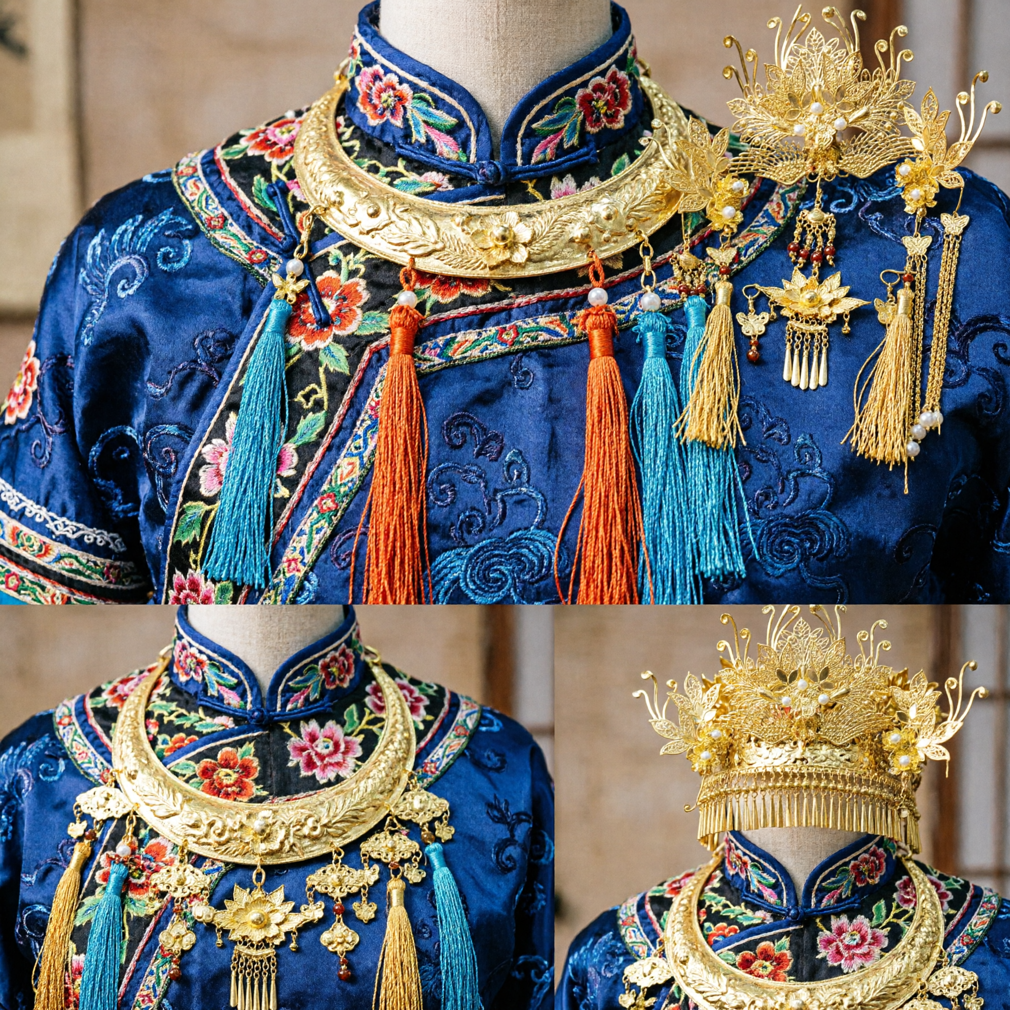 전통 중국식 금 세공 봉황 관 머리 장식 세트 고대 한푸 웨딩 신부 의상 헤드피스 - Asian Costume