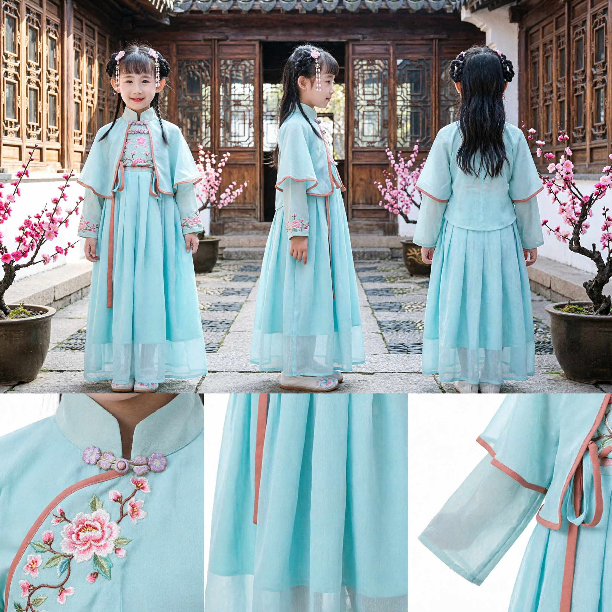 Traje Hanfu Tradicional Chinês para Meninas Vestido de Princesa Antiga com Capa Cloak de Bordado Floral - Asian Costume